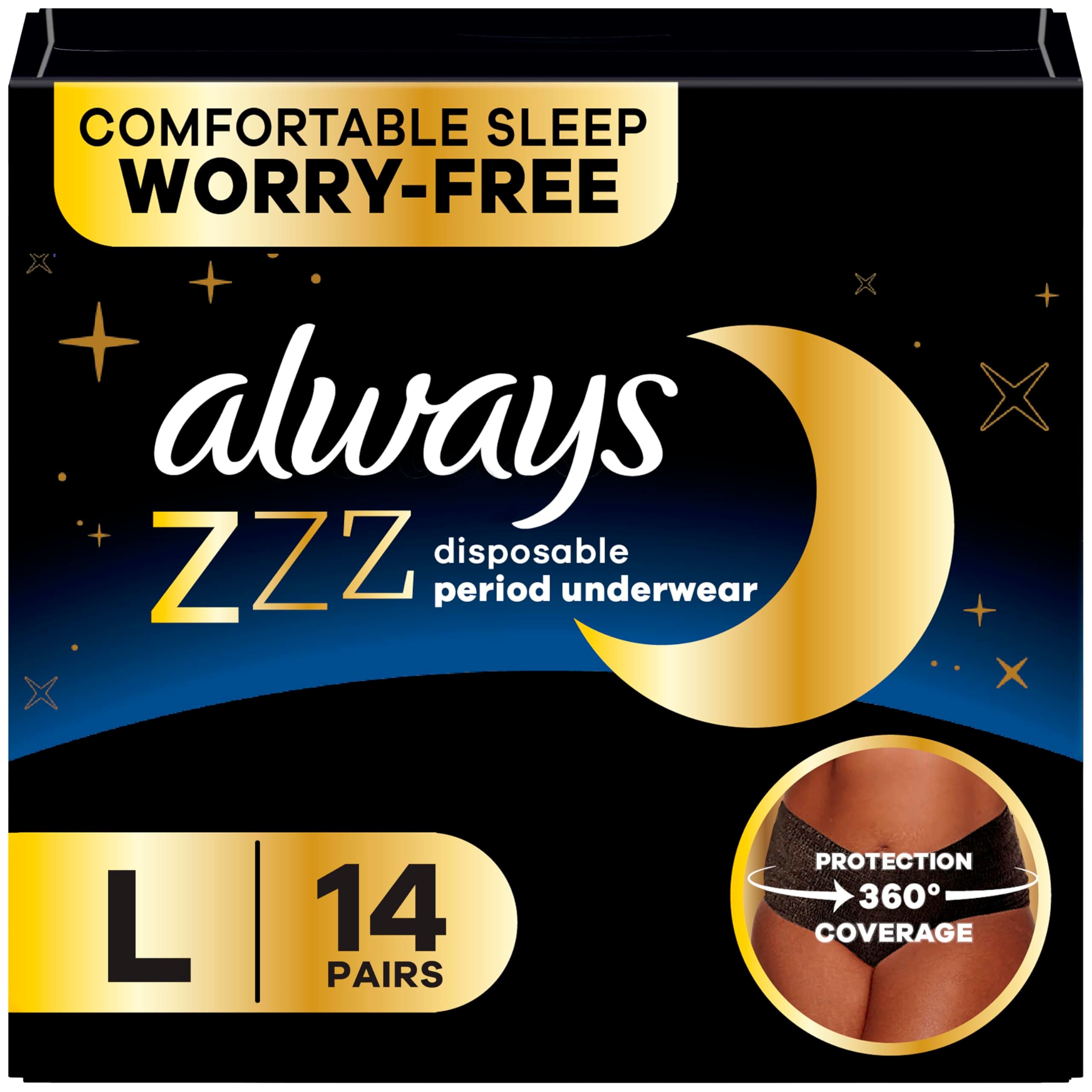 ZZZ Overnight Disposable Period Underwear for Women Sz L, 360° Coverage for Worry-Free Nights, 7 Count x 2 Pack (14 Count total)