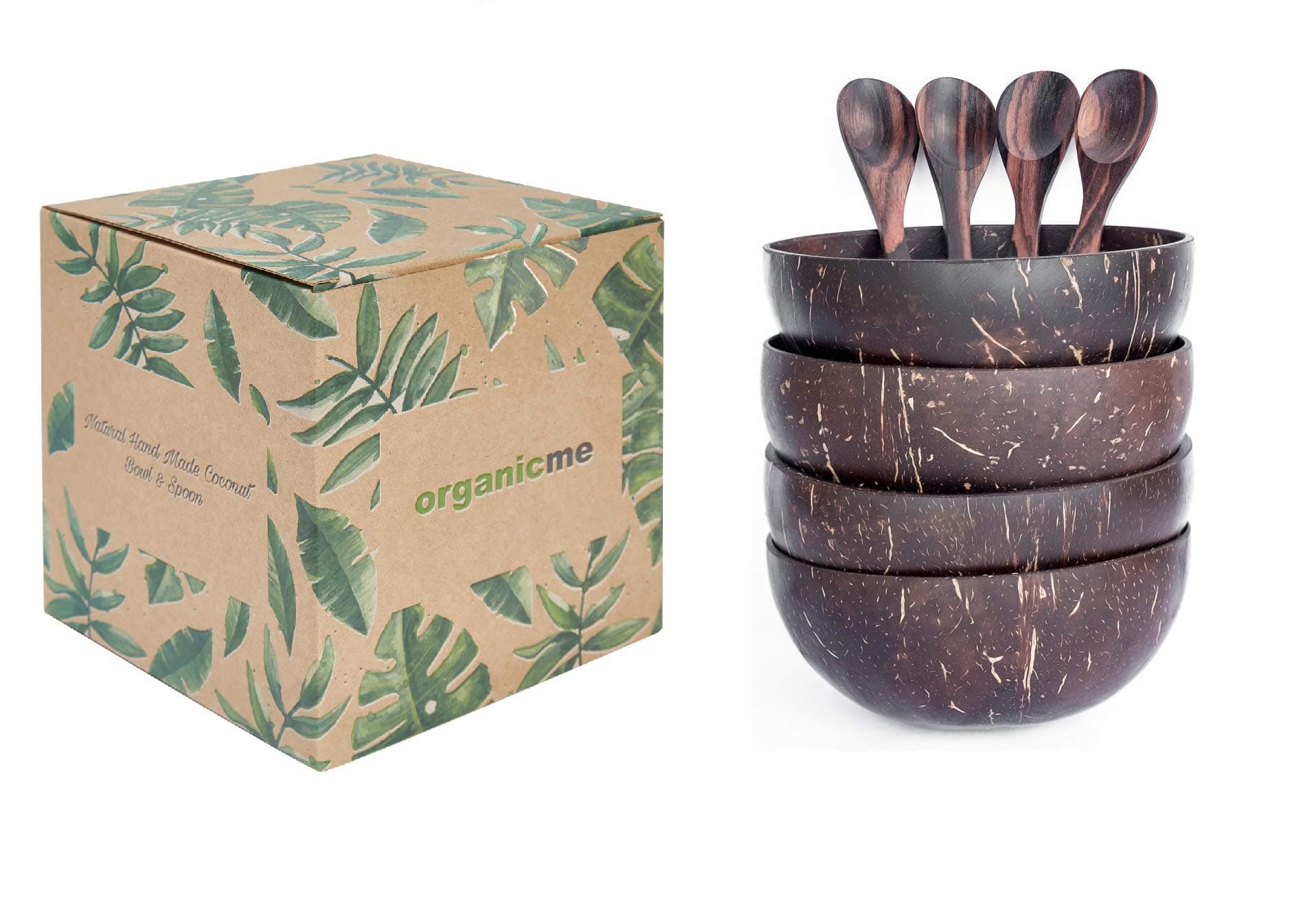 Coconut Bowl and Spoon (Set of 4): New! Eco-Friendly Packaging, 100% Natural Reclaimed Shells, Handmade, Vegan, Organic