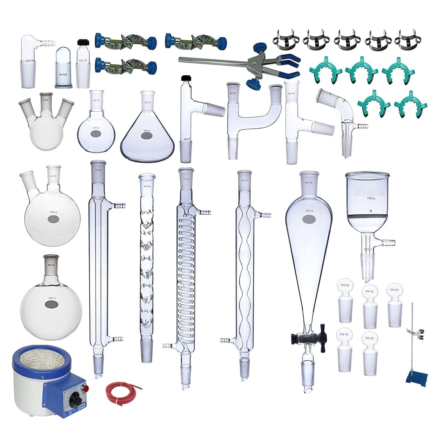 ISKO® Borosilicate Glass Advanced Organic Chemistry Lab Glassware Kit, Laboratory Glassware Distillation Apparatus with 1 Stand and 1 ltr. heating mantle (43 items)