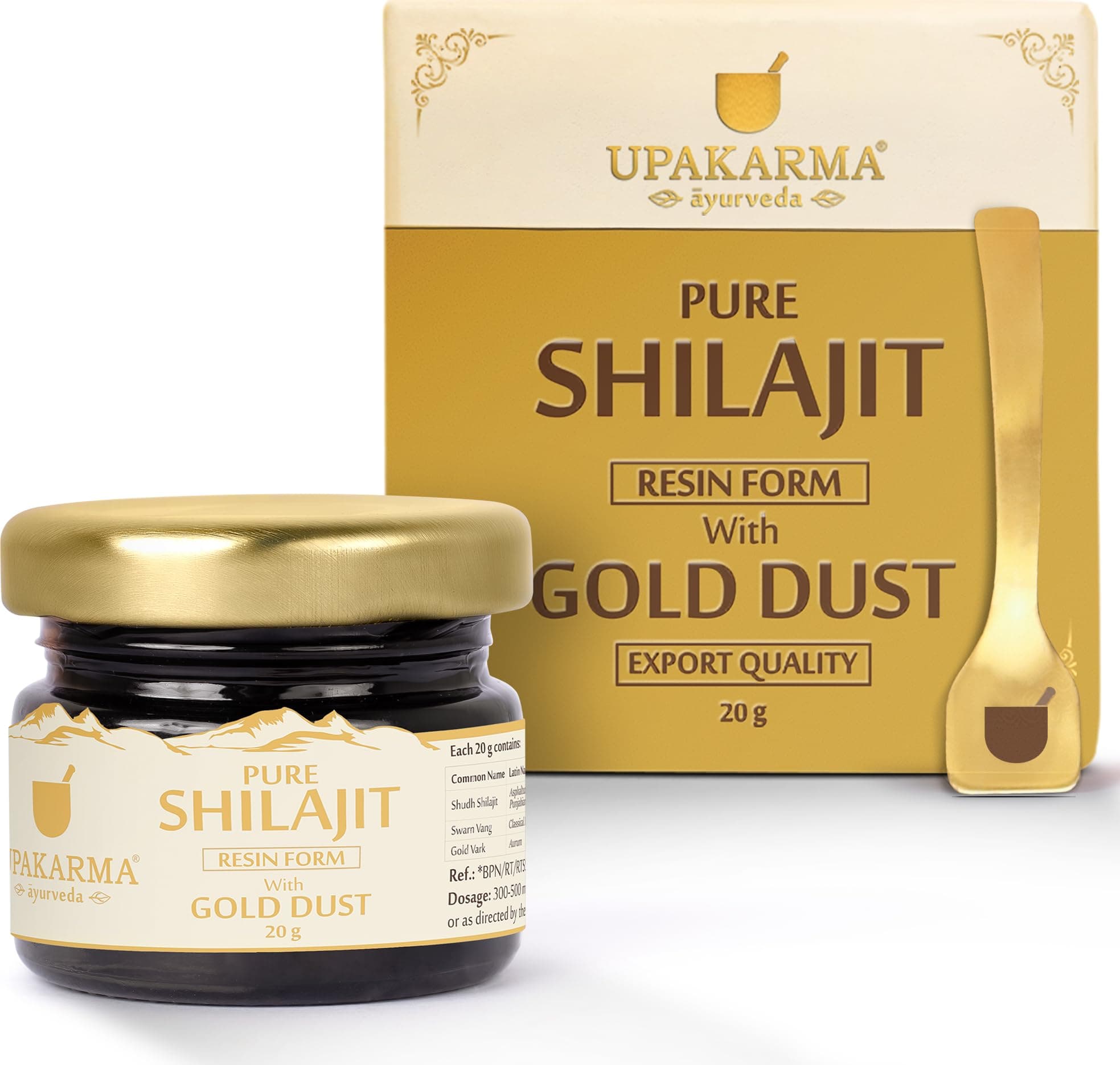 UPAKARMA Pure Shilajit Resin with Gold Dust 20g | Potent 300mg/serving | Extensive Global Sourcing | Potent Ayurvedic Formula with 24 Carat Gold | Lab-Tested Purity | 66 Servings