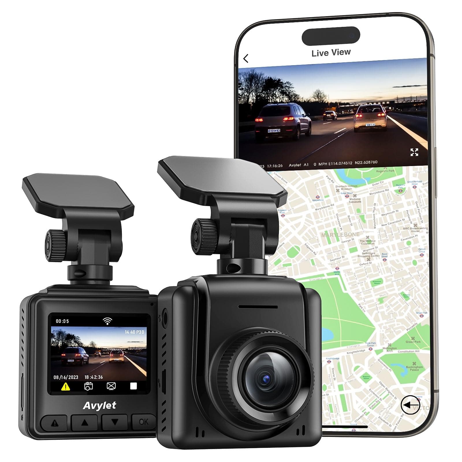 Dash Cam 2K, WiFi Dashcams with APP, External GPS, 1.5'' IPS Screen, Front Dash Camera for Cars, Mini Car Camera, WDR Night Vision, 24H Parking Monitor, Loop Recording, G-Sensor