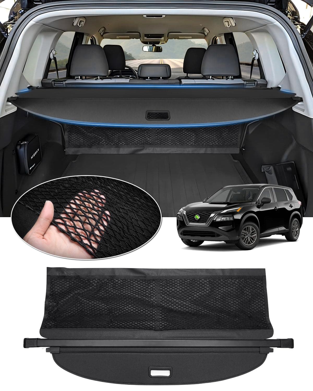 Automiim Cargo Cover for Nissan Rogue 2025 2024 2023 2022 2021 Accessories, Rogue Trunk Cover with Extra Storage Net, Retractable Security Shield Shade Upgraded Version (Not for Rogue Sport)