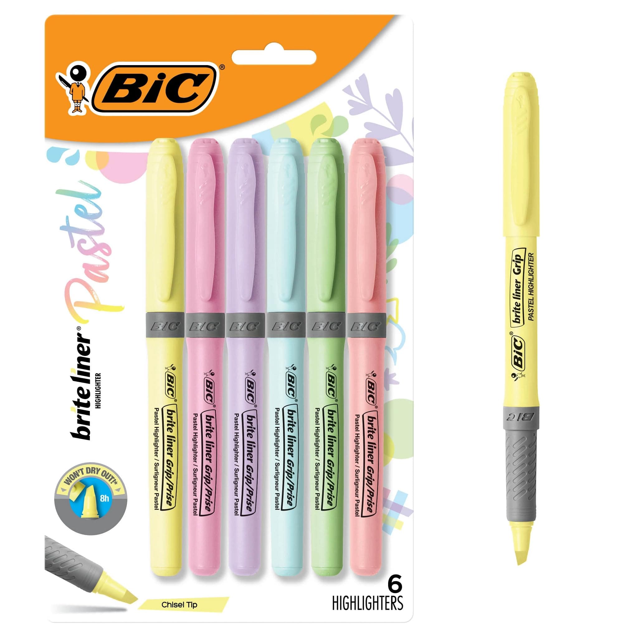 BIC Brite Liner Grip Pocket Highlighter, Assorted Ink Colors, Chisel Tip, Assorted Barrel Colors, 6/pack