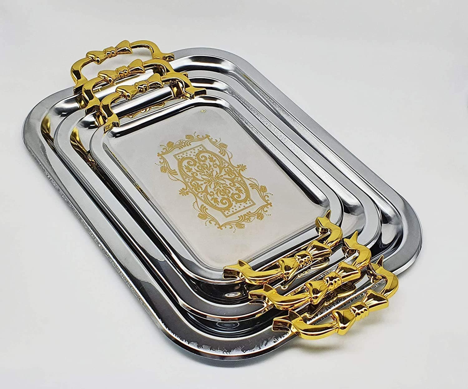 SNAPSHOPECOM(1 pc) Silver Serving Tray Set of 3 with Golden Design and Handle, Best for Home Décor and Festival, Set of 3 Trays, Tea, Water, Juice, Fruit, Coco, Coffee, Dinner Serving
