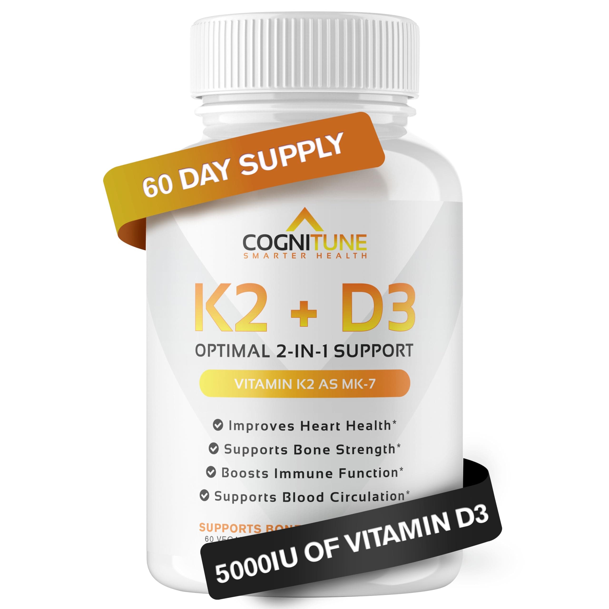 Vitamin K2 (MK7) with D3 Supplement - Premium Natural Heart & Bone Health Capsules - Pure D3 Plus K2 Complex with 5000 IU of Vitamin D 3 & 90 mcg of Vitamin K 2-60 Count