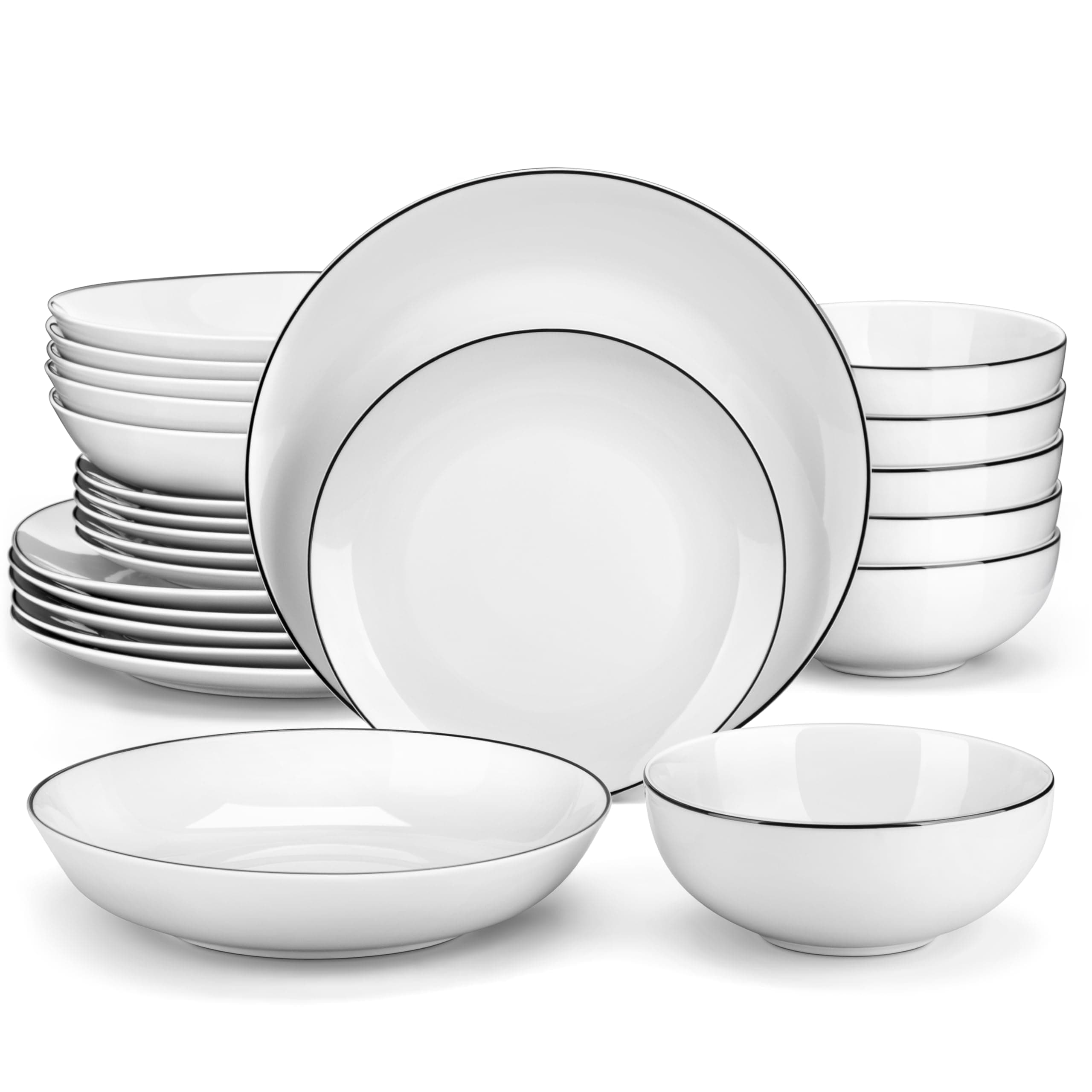 MALACASA 24-Piece Gourmet Porcelain Dinnerware Sets, Modern White with Black Rim Round Dish Set for 6 - Premium Serving Plates and Bowls Sets for Dessert, Salad, Soup, Pasta - Series AMELIA