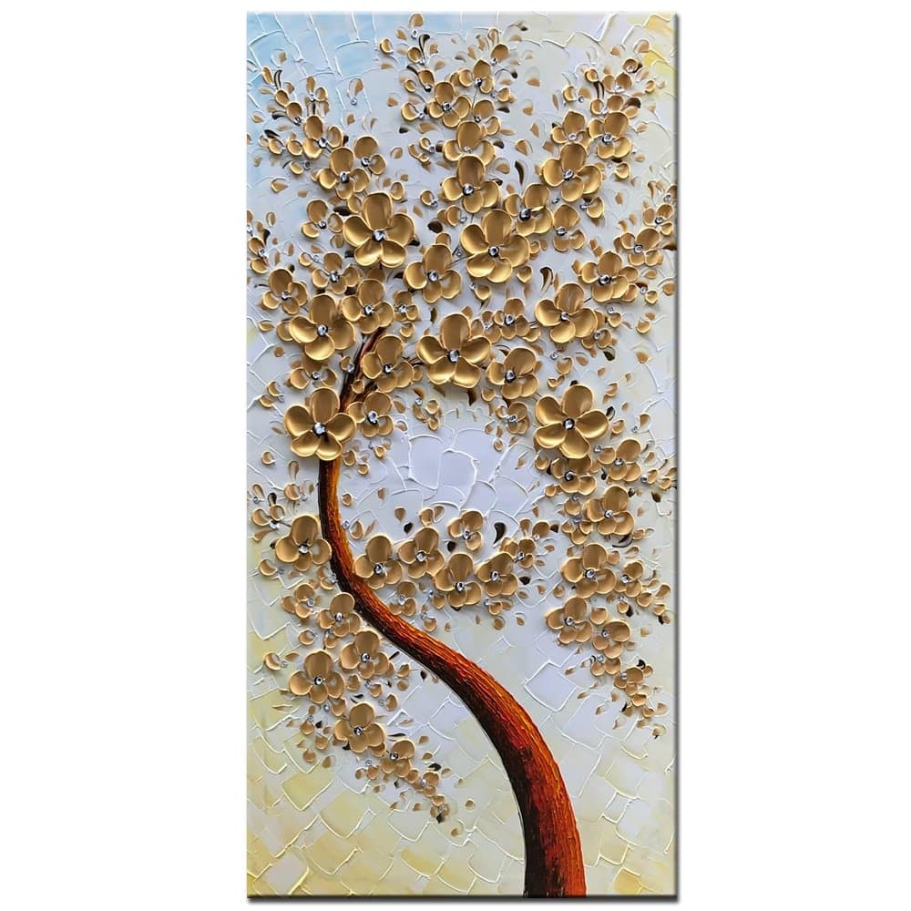 Hand Painted Canvas Wall Art Modern Vertical Art Gold Flowers Oil Painting Floral Wall Pictures Stretched and Framed Artwork for Living Room Bedroom Wall Decor(20X40 inch)