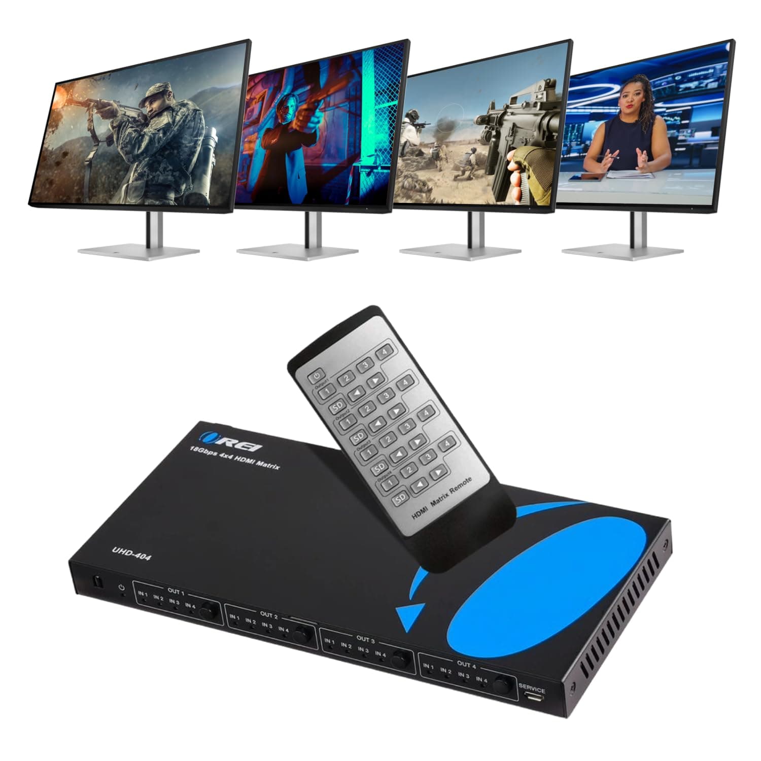 OREI 4x4 HDMI 4K Matrix Switch/Splitter, (4-Input, 4-Output) with Remote Control Supports UltraHD 4K@60Hz 4:4:4, HDR, YUV, HDMI 2.0, HDCP 2.2, 3D, 1080p, 18 GBPS - Downscaler (4K & 1080p Together)