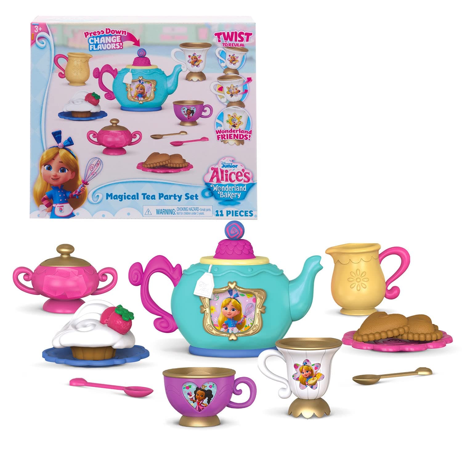 Just Play Alice’s Wonderland Bakery Magical Tea Set for Girls, Pretend Play Party Kit for Kids, 11 Pieces with Teapot, Saucers, Spoons and More, Roleplay Kitchen Toy Gift for Ages 3+ (98509)
