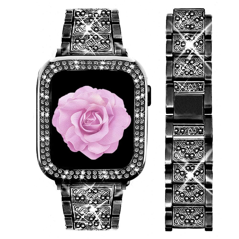 AMODOO Compatible with Apple Watch Band + Case, Women Jewelry Bling Metal Strap &Bumper Frame Screen Protector