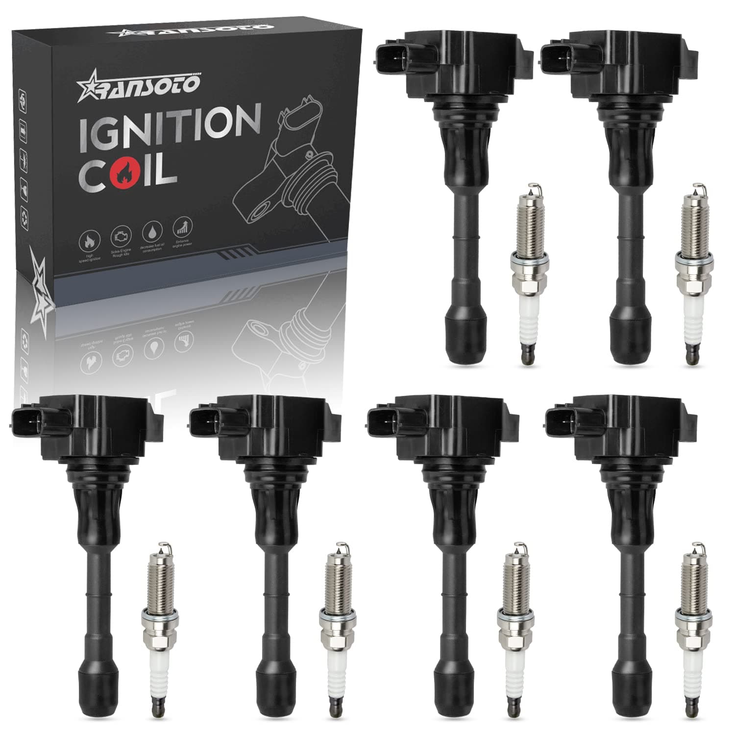 RANSOTO Ignition Coil Pack & 1406 Iridium Spark Plug Compatible with 2007-2020 Nissan Maxima Murano Altima Infiniti EX35 FX35 G25 G35 Q50 QX60 3.5L Replaces UF550 Set of 6