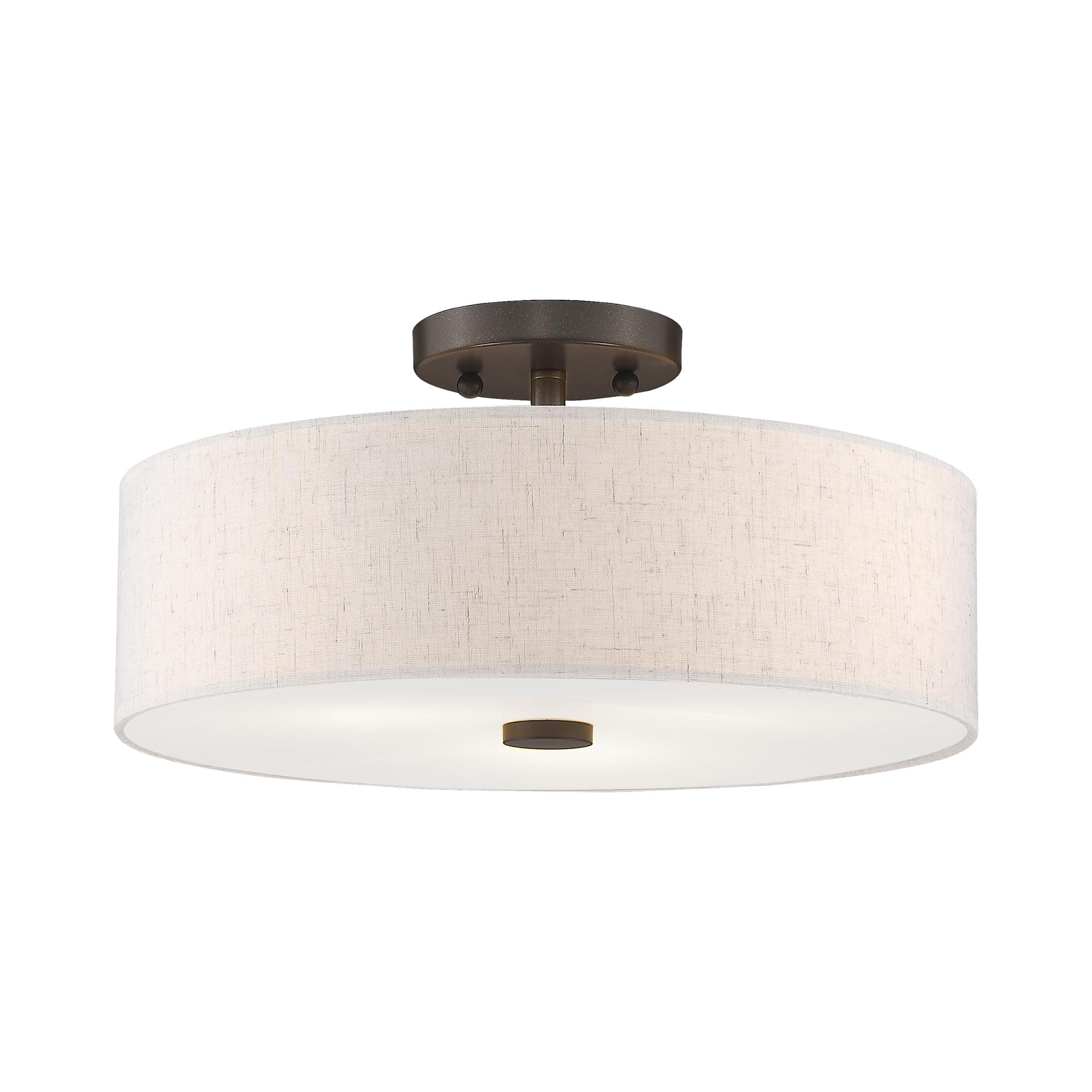 Livex Lighting 52135-92 Meridian Collection 3-Light Semi Flush Mount Ceiling Fixture with Oatmeal Color Fabric Hardback Drum Shade and Satin White Diffuser, English Bronze