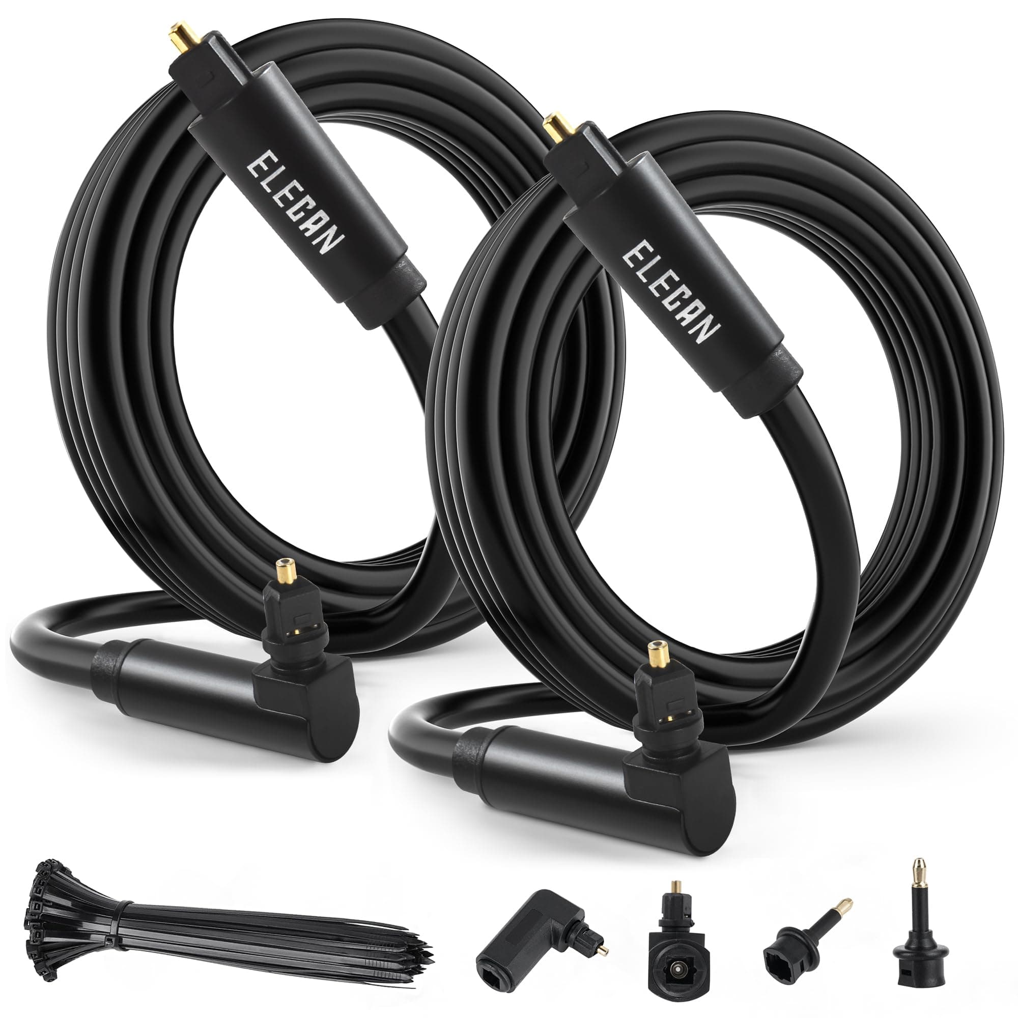 Elecan Optical Audio Cable 15 Ft/2 Pack 90 Degree Angled to Straight Digital Audio Toslink Cable Cord-Fiber Optic-Gold Plated-Flexiable&Durable-for Home Theater,Sound Bar,PS4&Xbox with Adapters+Ties