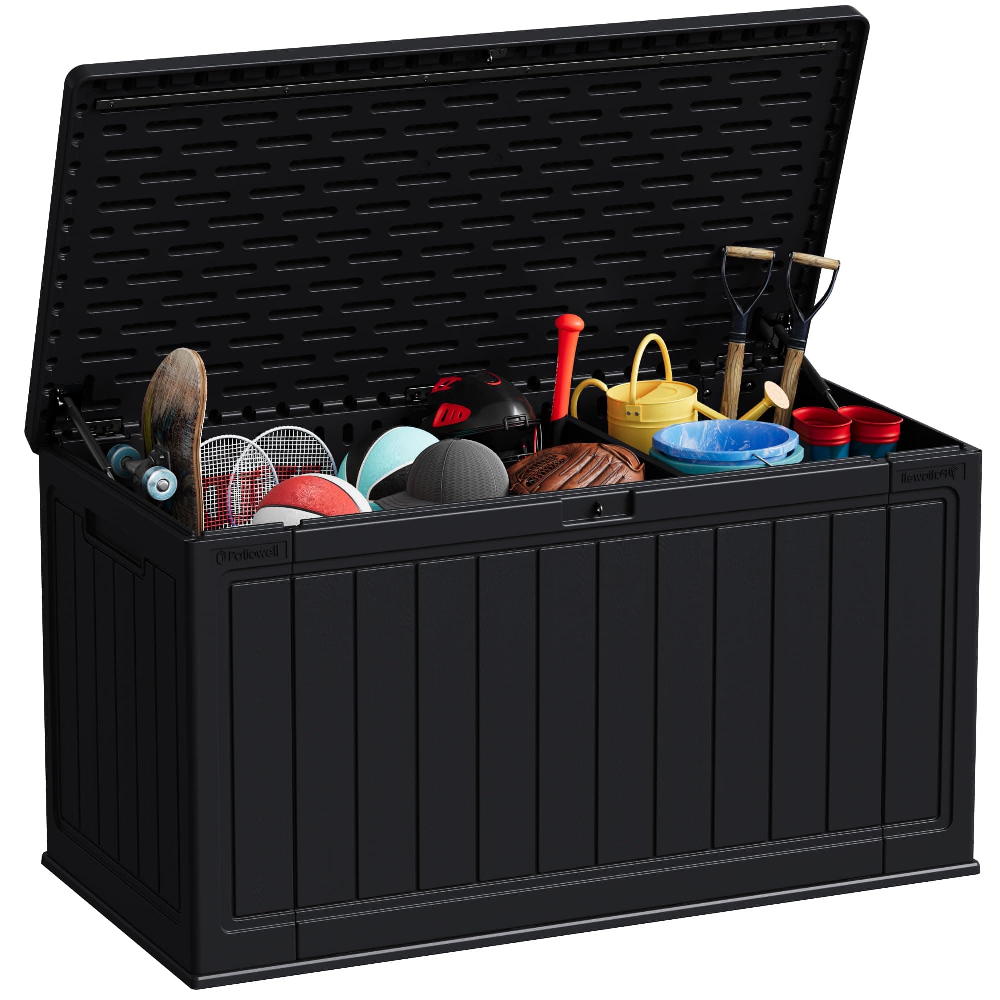 Patiowell 150 Gallon Large Outdoor Storage Box, Waterproof Deck Box with Fixed Divider, Lockable and Durable Patio Storage Solution for Patio Furniture and Garden Tools (Black)