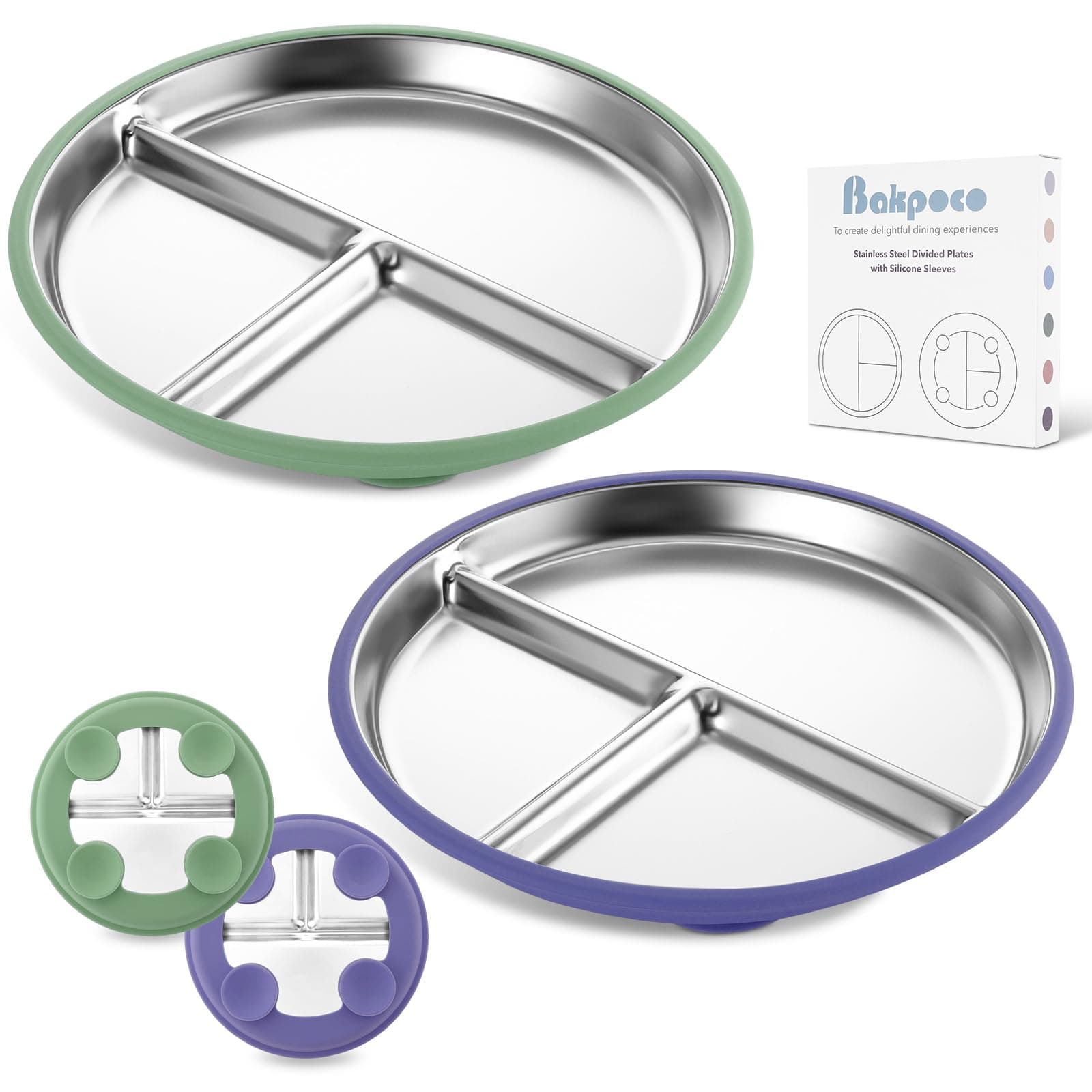 Bakpoco Stainless Steel Toddler Plate with Suction, 9” Divided Plates with Removable Silicone Sleeves for Baby, Non Toxic & BPA Free | Non Slip | Unbreakable Kids Snack Dishes Set of 2, Green & Purple