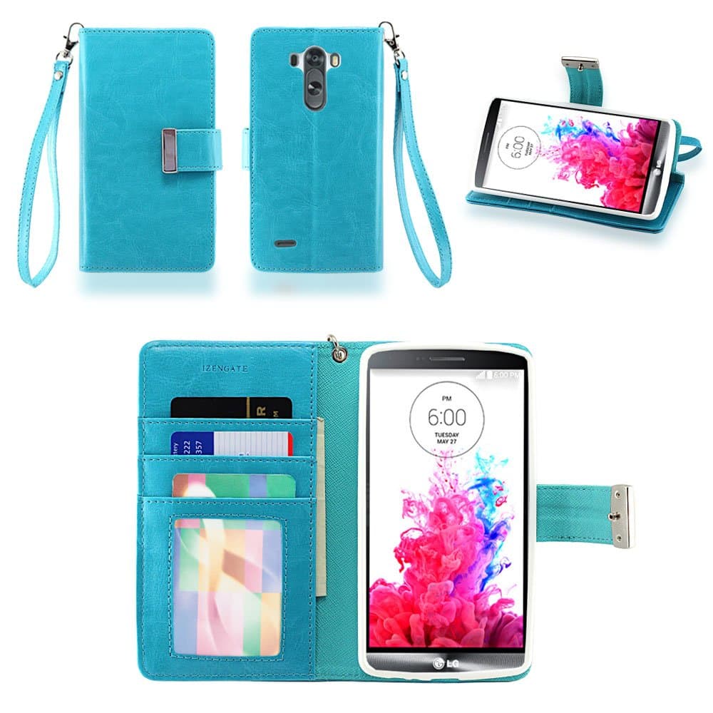 IZENGATE LG G3 Wallet Case - Executive Premium PU Leather Flip Cover Folio with Stand (Turquoise Blue)