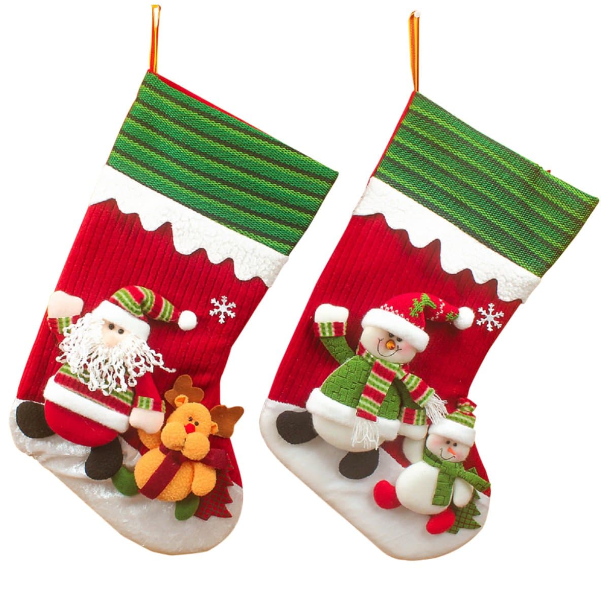 20" (2 Pack) Plush 3D Applique Style Felt Christmas Stockings, Adorable Detailed Designs, Embroidered Edges, Hanging Loops, Includes Santa and Snowman