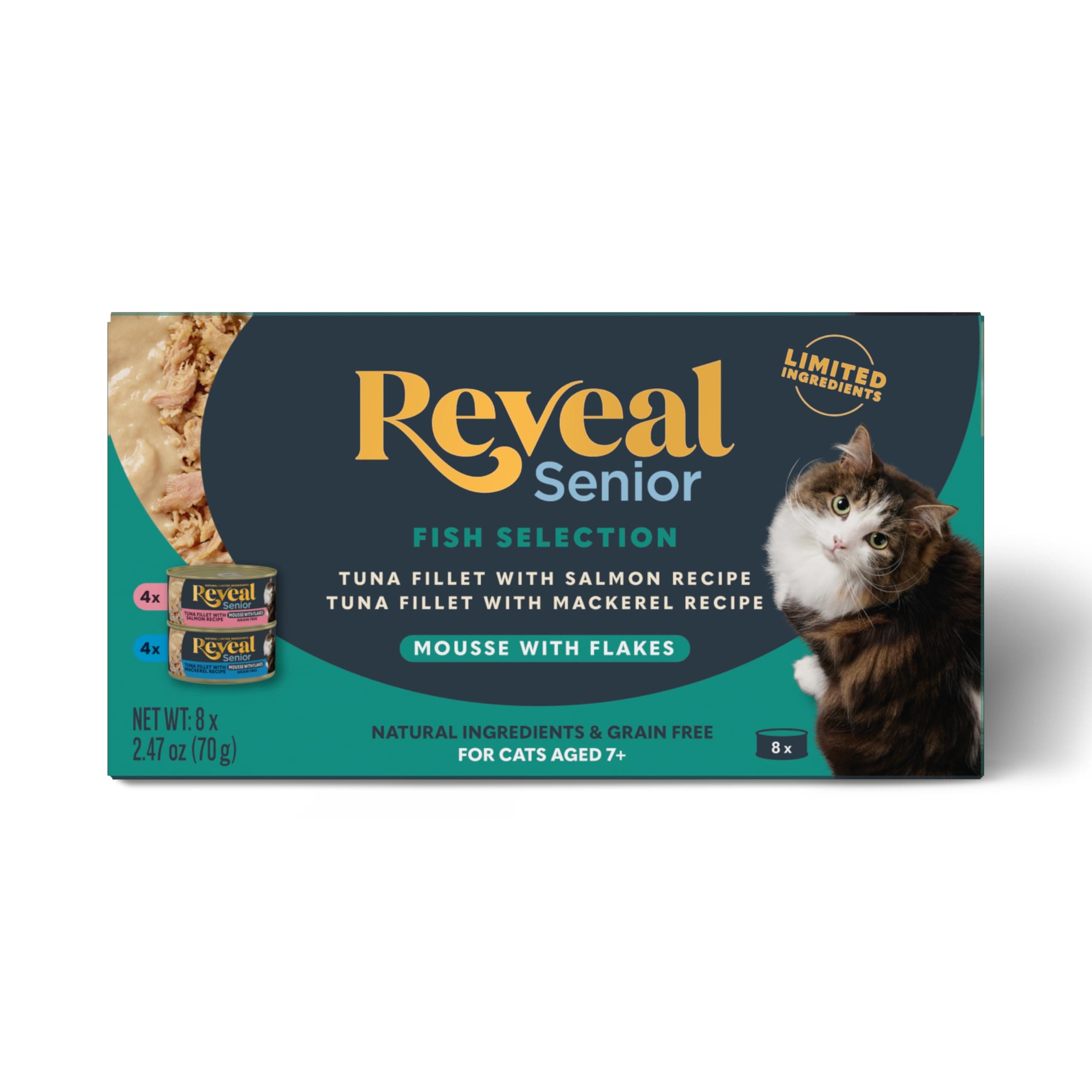 Natural Wet Senior Cat Food Flakes, Limited Ingredient, Grain-Free with High Protein with No Artificial Additives, Tuna Fillet Flakes in Mousse (8 x 2.47 oz Cans)