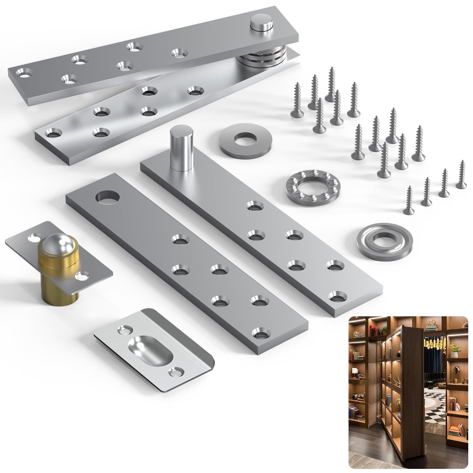 TheElves Door Hinges,Stainless Steel Hidden Door Hardware,360 Degree Rotation Pivot Hinge for Hidden Door Bookcase and Interior Doors/Secret Door