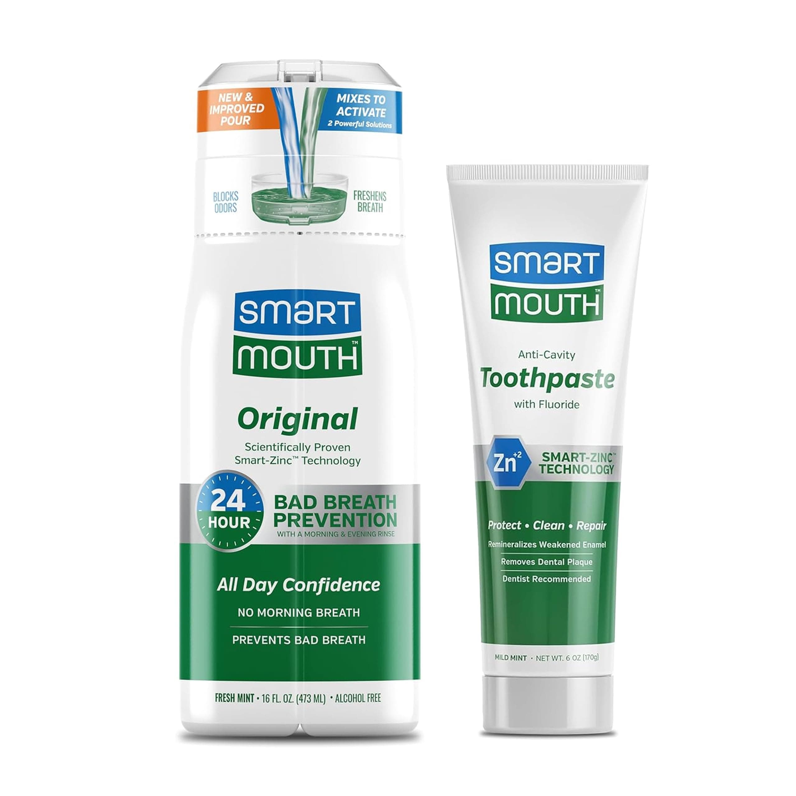 Premium Zinc Ion Toothpaste & Original Activated Mouthwash Combo - Whitening Toothpaste with Fluoride (Mild Mint Flavor) & Adult Mouthwash for Bad Breath (Fresh Mint Flavor)