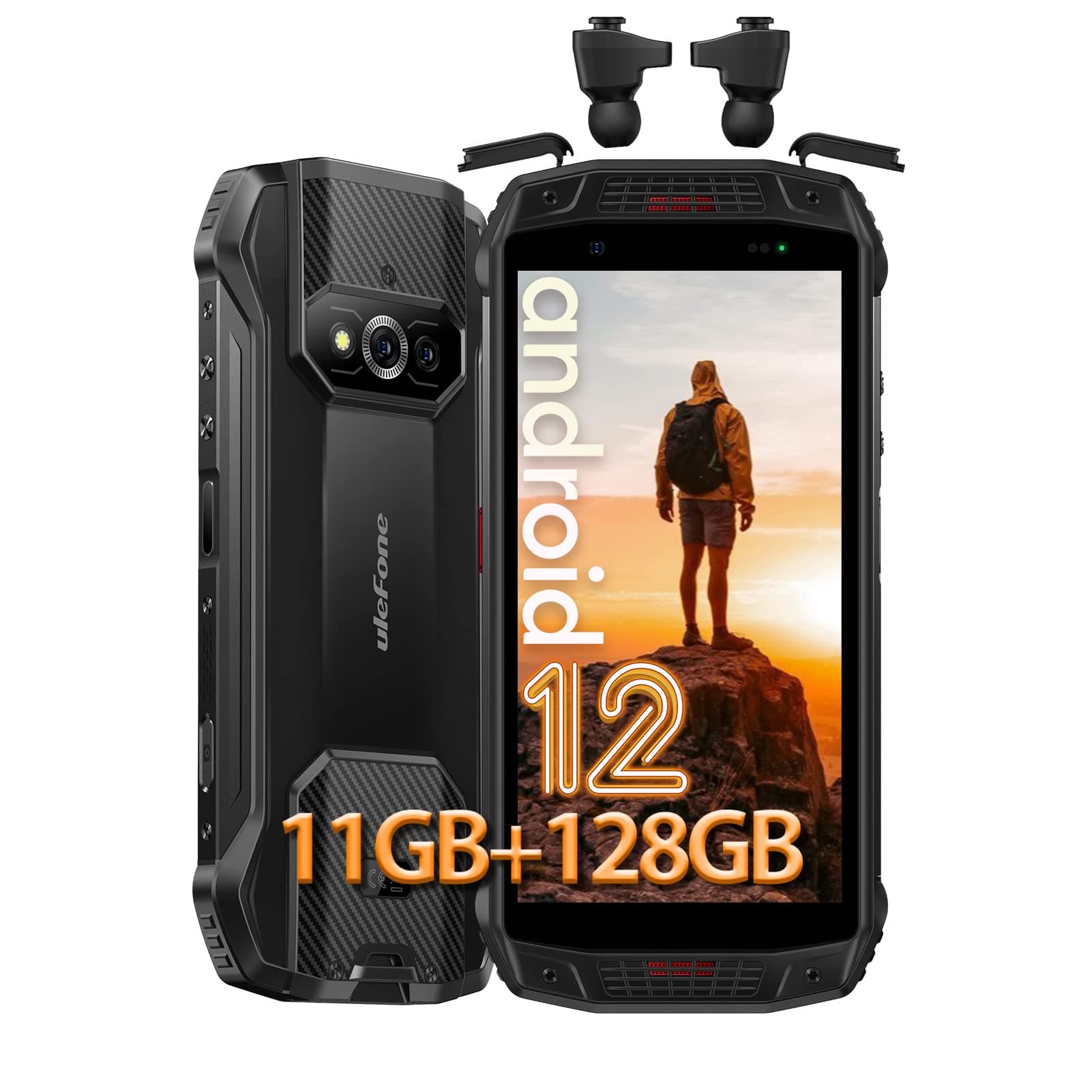 Armor 15 Rugged Phone Unlocked, Built-in TWS Earbuds, 11GB+128GB, IP68/IP69K, 6600mAh Battery, 16MP+12MP+13MP Camera, Dual Loud Speakers Dual 4G, Octa-core, OTG, GPS, Black