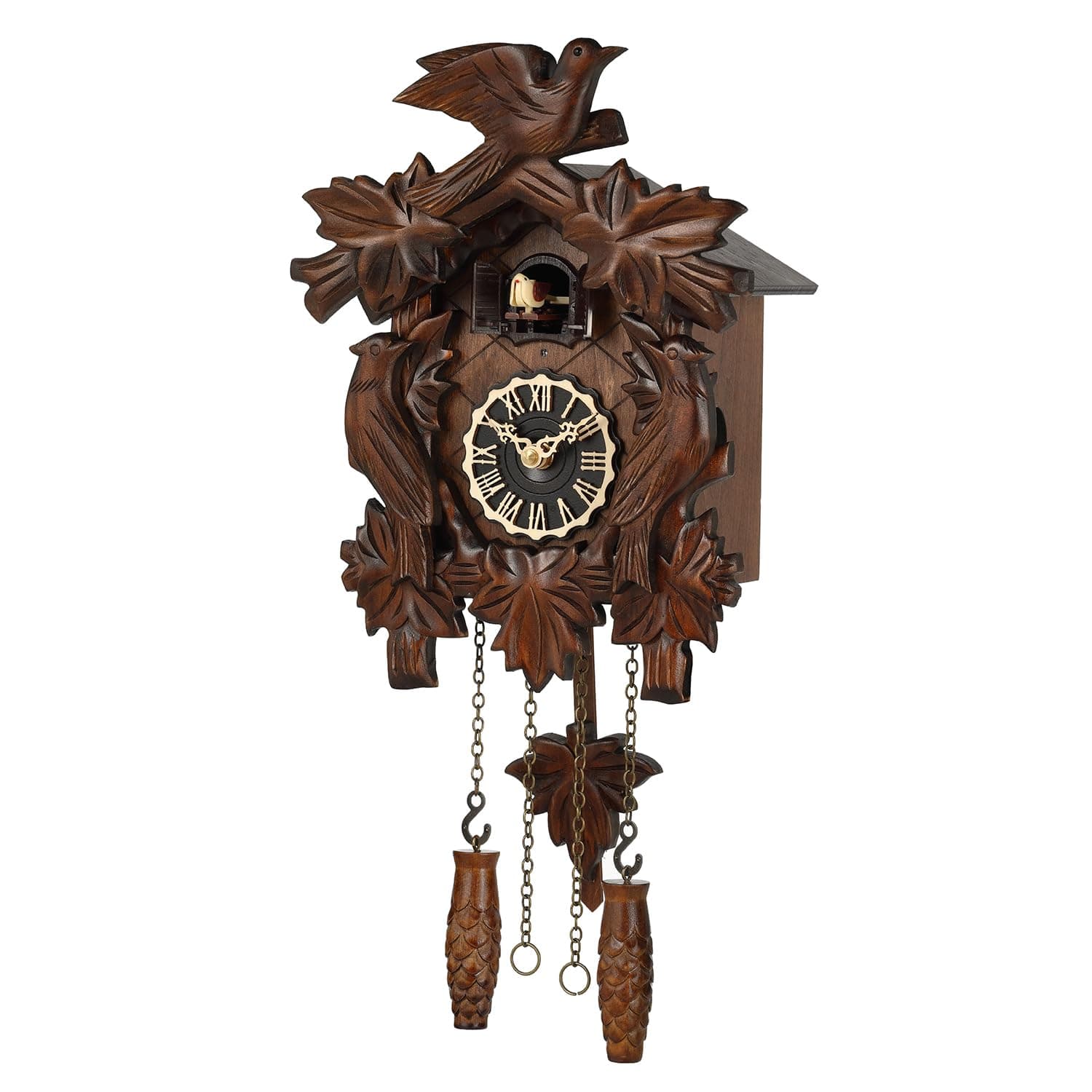 Kintrot Cuckoo Clock, Traditional Black Forest Handcrafted Wooden Quartz Clock for Wall Antique Decroration with Maple Leaf Pendulum, 12 Melodies, Night Sensor and Singing Bird