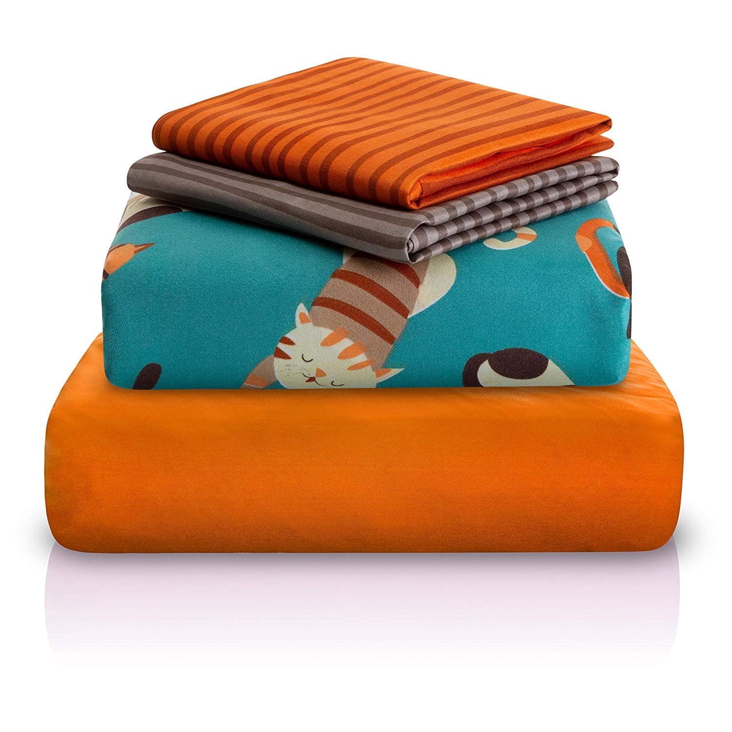 4 Pc Twin Bed Sheets | Gender Neutral Cat Print Kids Bedding Set | Pet Lovers Gift Idea | 1 Flat, 1 Fitted Sheet; 2 Pillow Cases | Durable Super-Soft, Double-Brushed Microfiber | 15” Deep