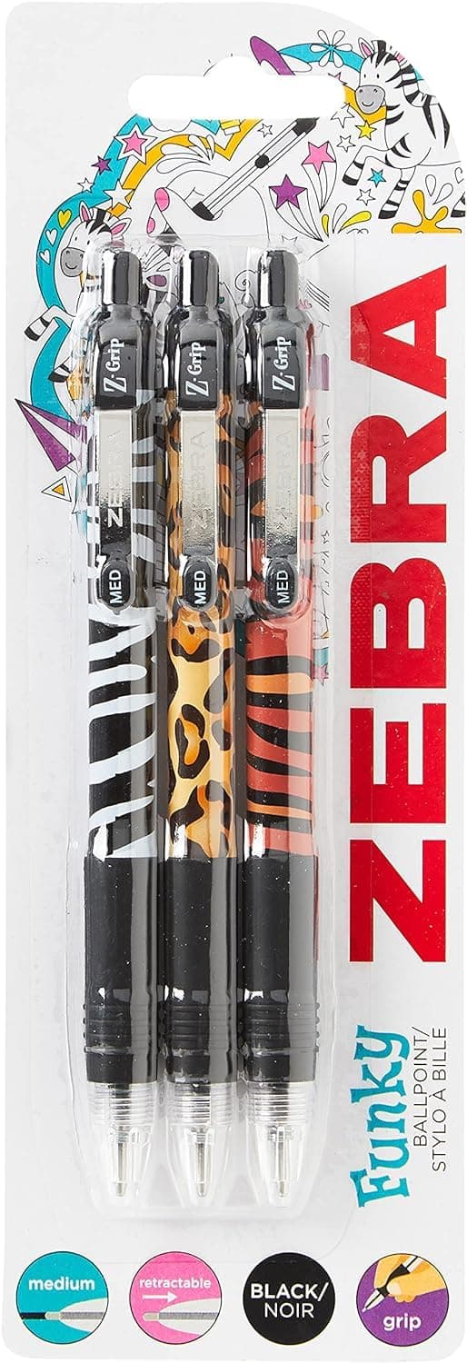 Z Grip Black Pens Ballpoint, Smooth & Funky Ballpoint Pens With Pocket Clip, Retractable Black Ink Ballpoints, Reliable Black Biro Multipack - Animal Design, 3pk, packaging may vary