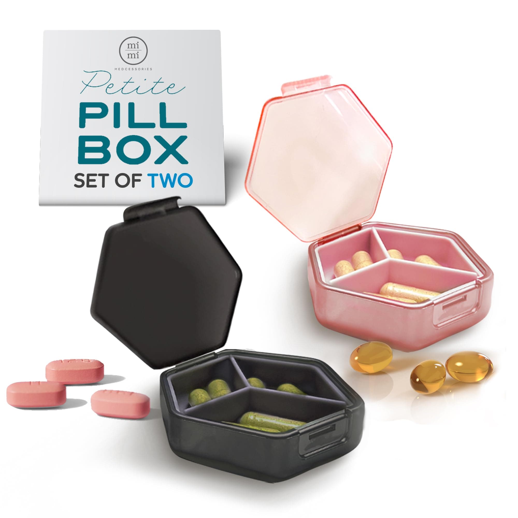 Petite Pill Box Set - Stylish, Compact Daily Pill Organizer, Medication Pill Case, Pill Container for Vitamin Management, Travel Essentials for Women/Men - Set of 2, Rose & Steele