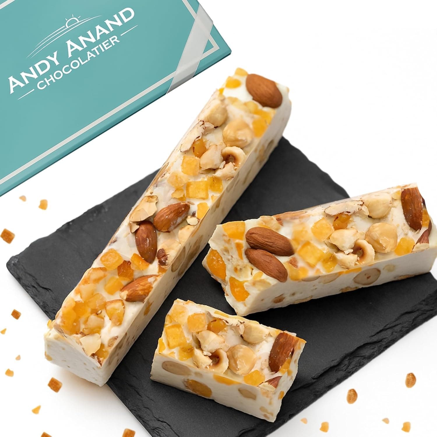 ANDY ANAND CHOCOLATIER Nougat Candy – Soft Orange Peel Brittle with Roasted Almonds & Wildflower Honey from Spain – Gluten Free, Dairy & Soy Free Gourmet Snack, 7 Oz Box