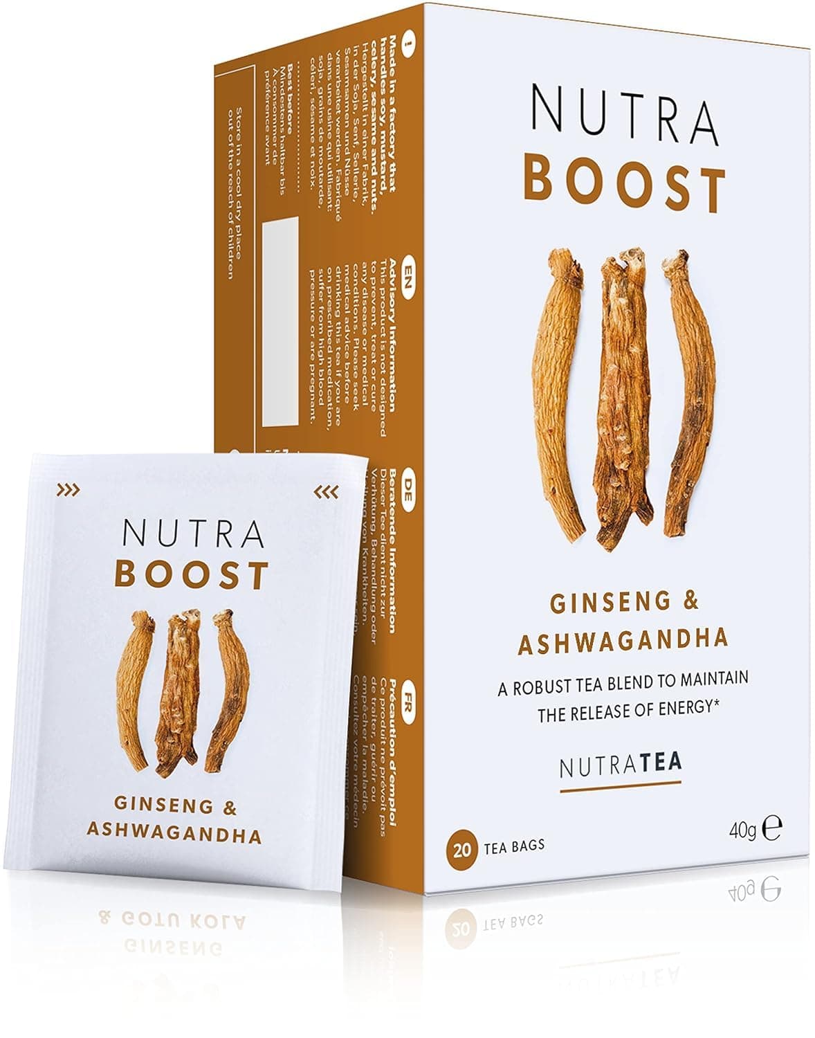 NUTRABOOST - Energy Tea | Herbal Energy & Focus Tea - Help With Tiredness And Fatigue - Includes Green Tea, Ginseng & Ashwagandha - 20 Individually Wrapped Bags - Herbal Teas