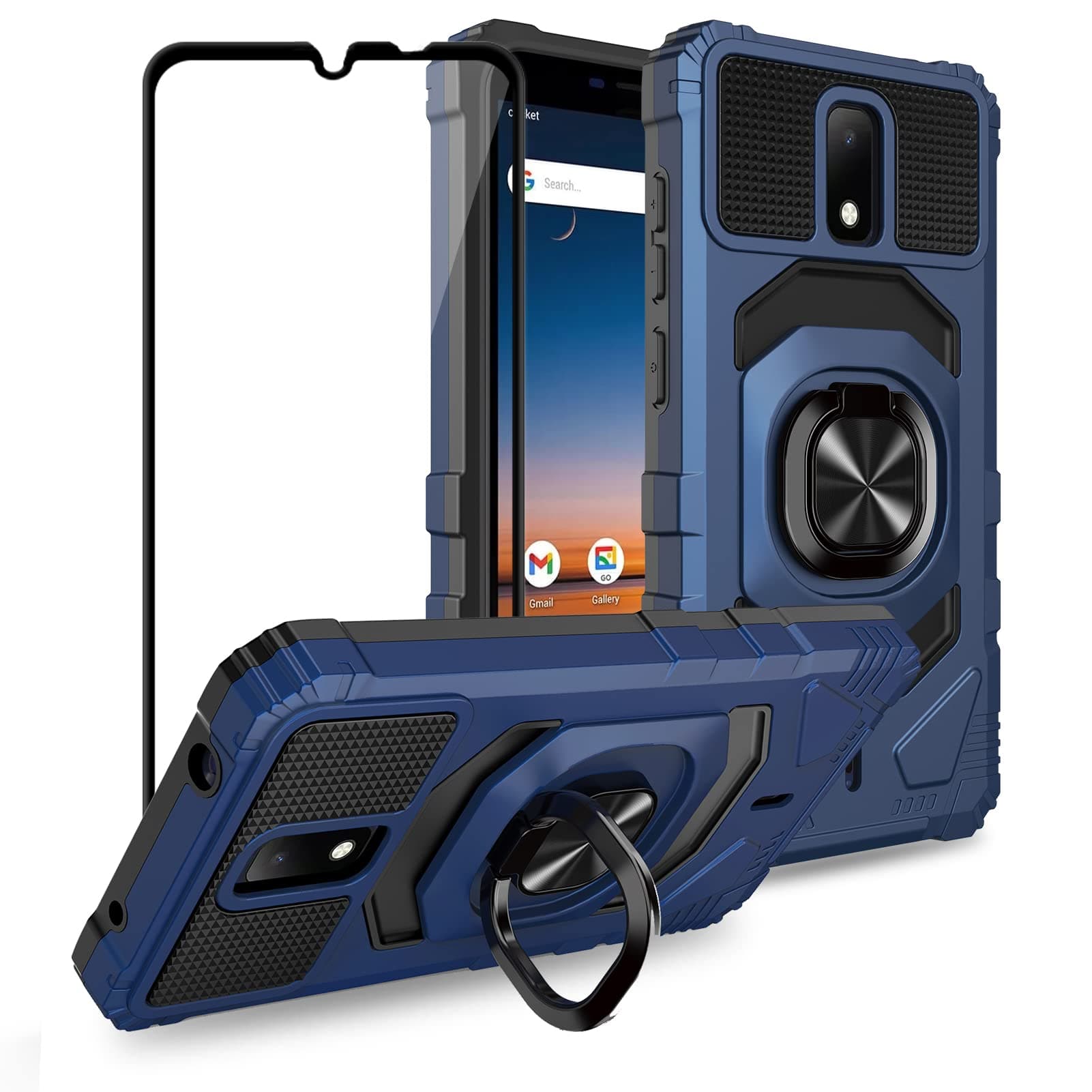 Ailiber Compatible with Cricket Icon 3/AT&T Motivate 2 Case, Cricket Splendor Case Screen Protector, Ring Kickstand for Magnetic Car Mount, Heavy Duty Shockproof Protective Phone Cover for Icon 3-Blue