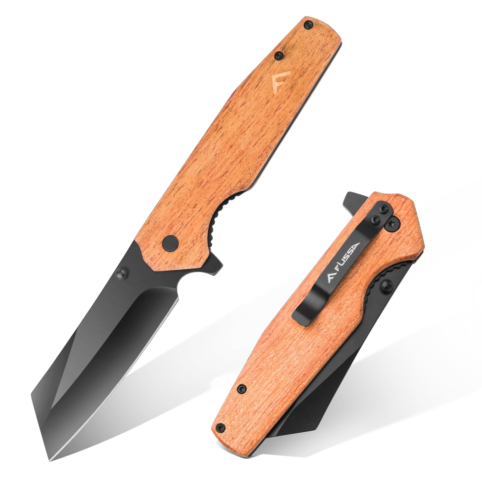 Folding Knife, 4-3/4" Reverse Tanto Folding Pocket Knife, Black Stonewash Blade, Wood Handle, for Hunting, Survival, Camping and Outdoor Activities, Great Gifts for Dad, Husband, Friend