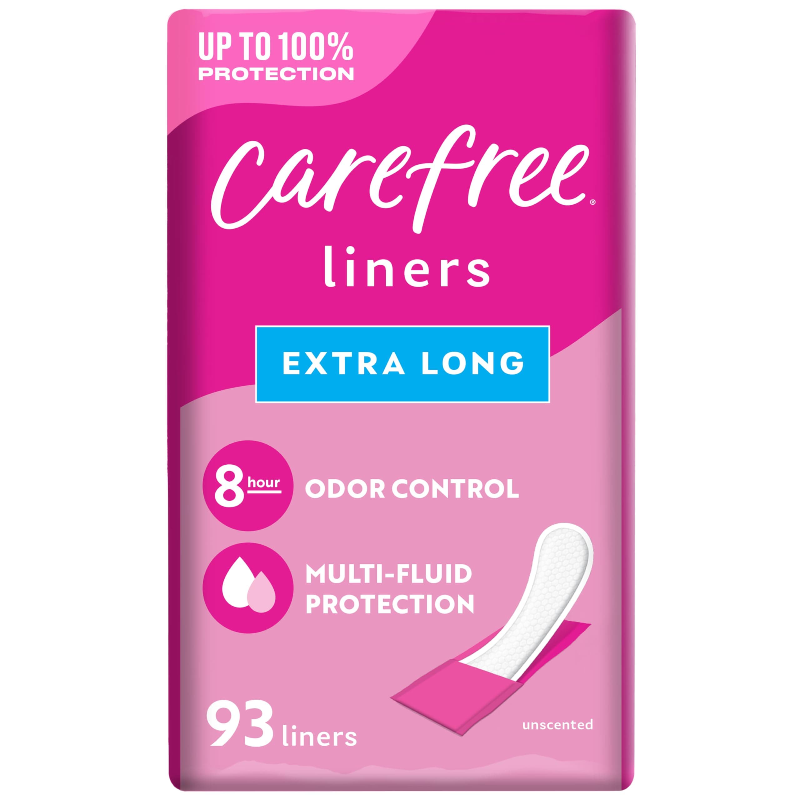 Carefree Panty Liners for Women, Extra Long, Wrapped, Unscented, 93ct | Pantiliners, Carefree Liners, Daily Liners for Women, Light Periods and Leaks, 8-Hour Odor Control | 93ct (Packaging May Vary)