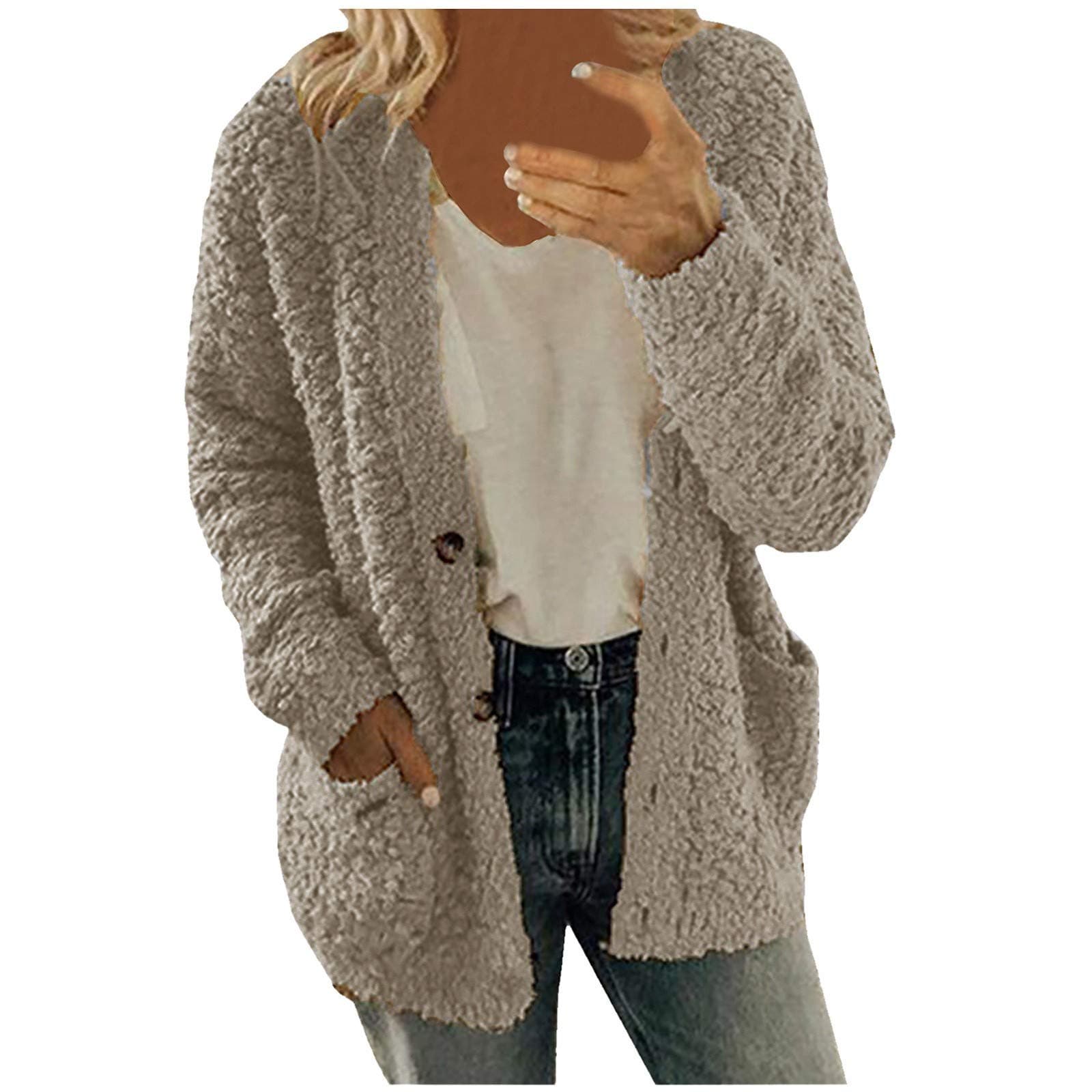 LFEOOST Women Winter Sherpa Jacket Coat Long Sleeve Lapel Fuzzy Warm Fleece Open Front Hooded Cardigan Outerwear with Pockets