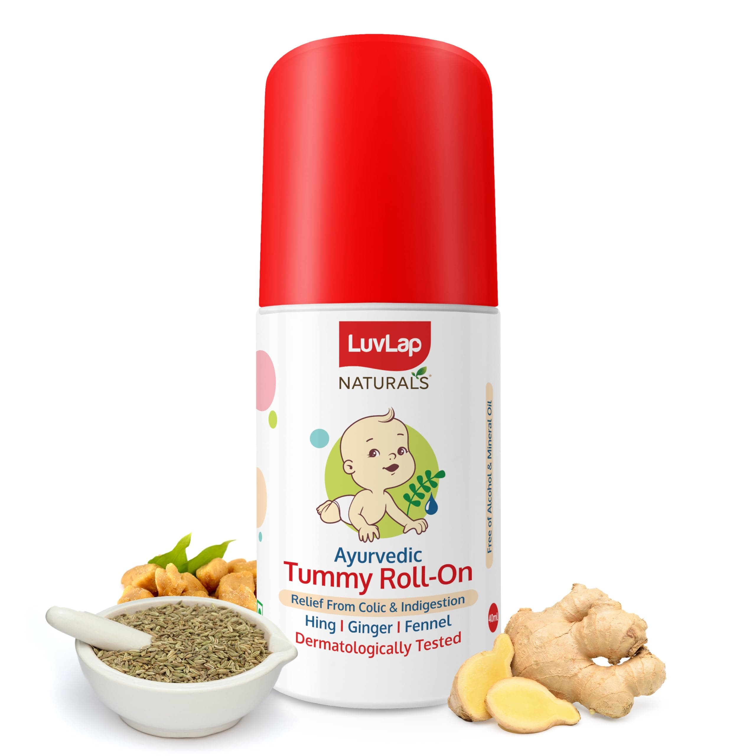 Luvlap Naturals Baby Tummy Roll On Oil (40ml) for Colic & Gas Relief, Relieves Constipation & Indigestion with Hing, Ginger & Fennel (Saunf), Alcohol free, Dermatologically tested Ayurvedic medicine