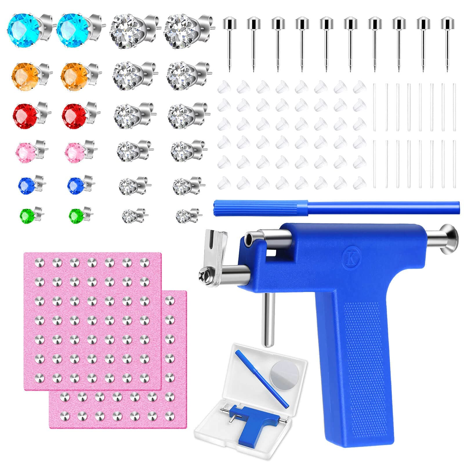 Reusable Ear Piercing Gun Kit, Professional Ear Piercing Gun with Stainless Steel Piercing Studs, Colorful Crystal Earrings for At Home Salon Earlobe Cartilage Helix Tragus Piercing Tool Set