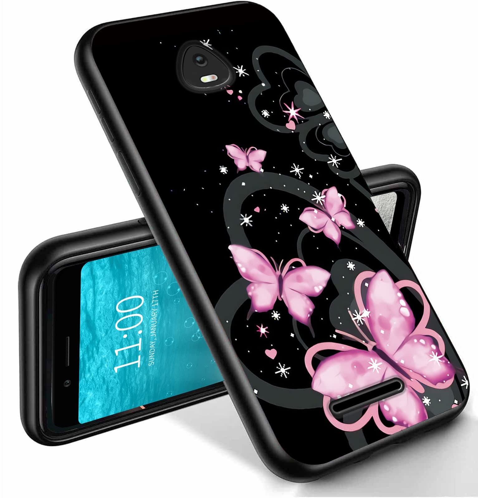 for Schok Volt SV55 Phone Case 5.45" with Glitter Bling Pink Butterfly Theme Design, RYUITHDJP Case for Schok Volt SV55(SV55216) TPU Stylish Anti Slip Shockproof Cover