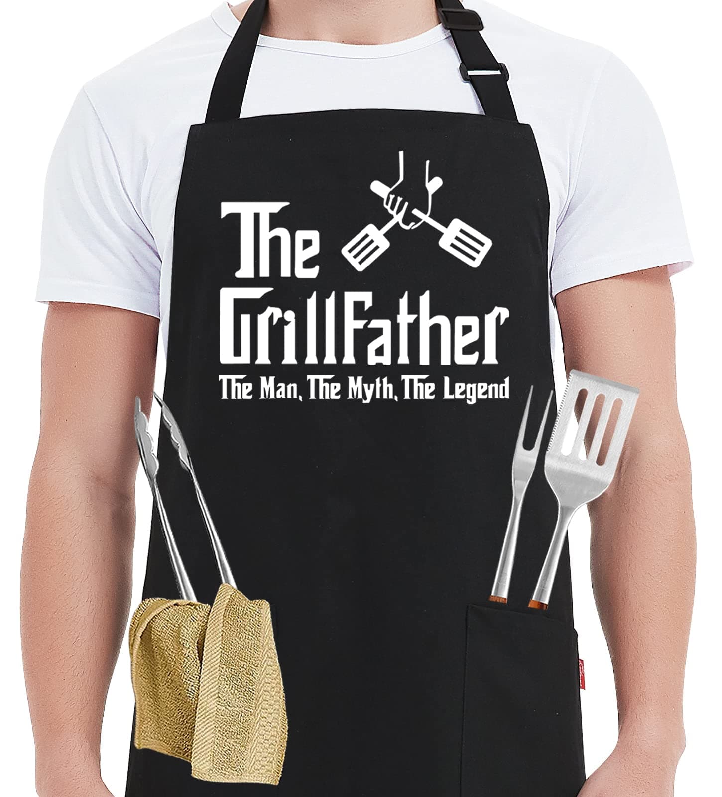 Kaidouma Funny Grill Aprons for Men - The Grillfather - Men’s Funny Chef Cooking Grilling BBQ Apron with 2 Pockets - Birthday Father's Day Christmas Gifts for Dad, Step Dad, Father in Law, Husband