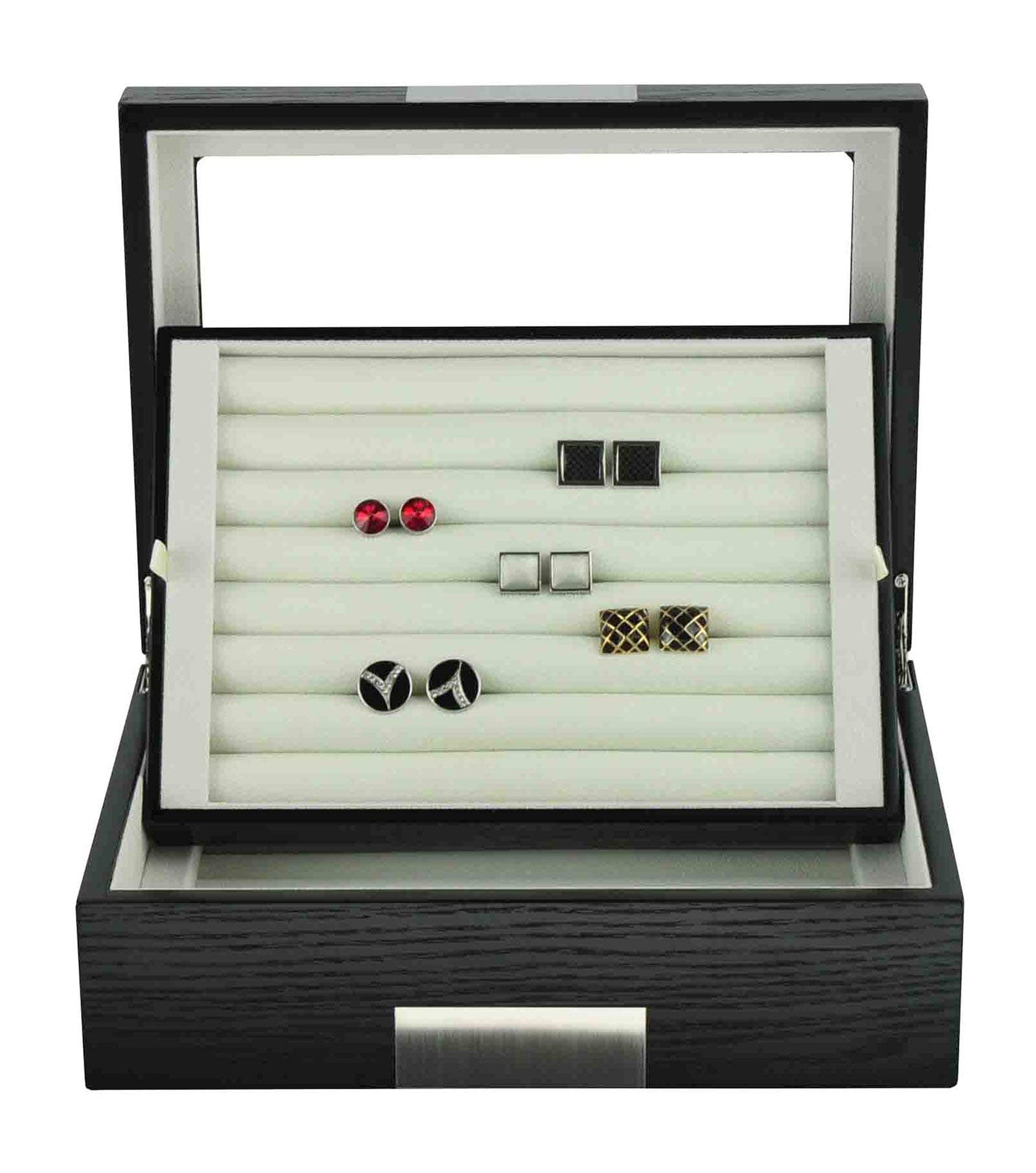 TIMELYBUYS Black Ebony Wood Cufflink Case & Ring Storage Organizer with Stainless Steel Engravable Design Accent Men's Jewelry Box 72 Cufflinks Black