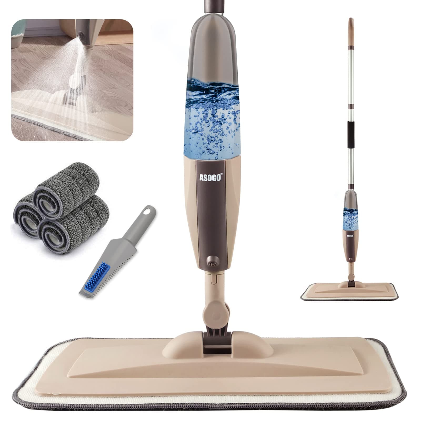 Spray Mop for Floor Cleaning, Floor Mop with a Refillable Spray Bottle and 3 Washable Pads, Flat Mop for Home Kitchen Hardwood Laminate Wood Ceramic Tiles Floor Cleaning (Brown)