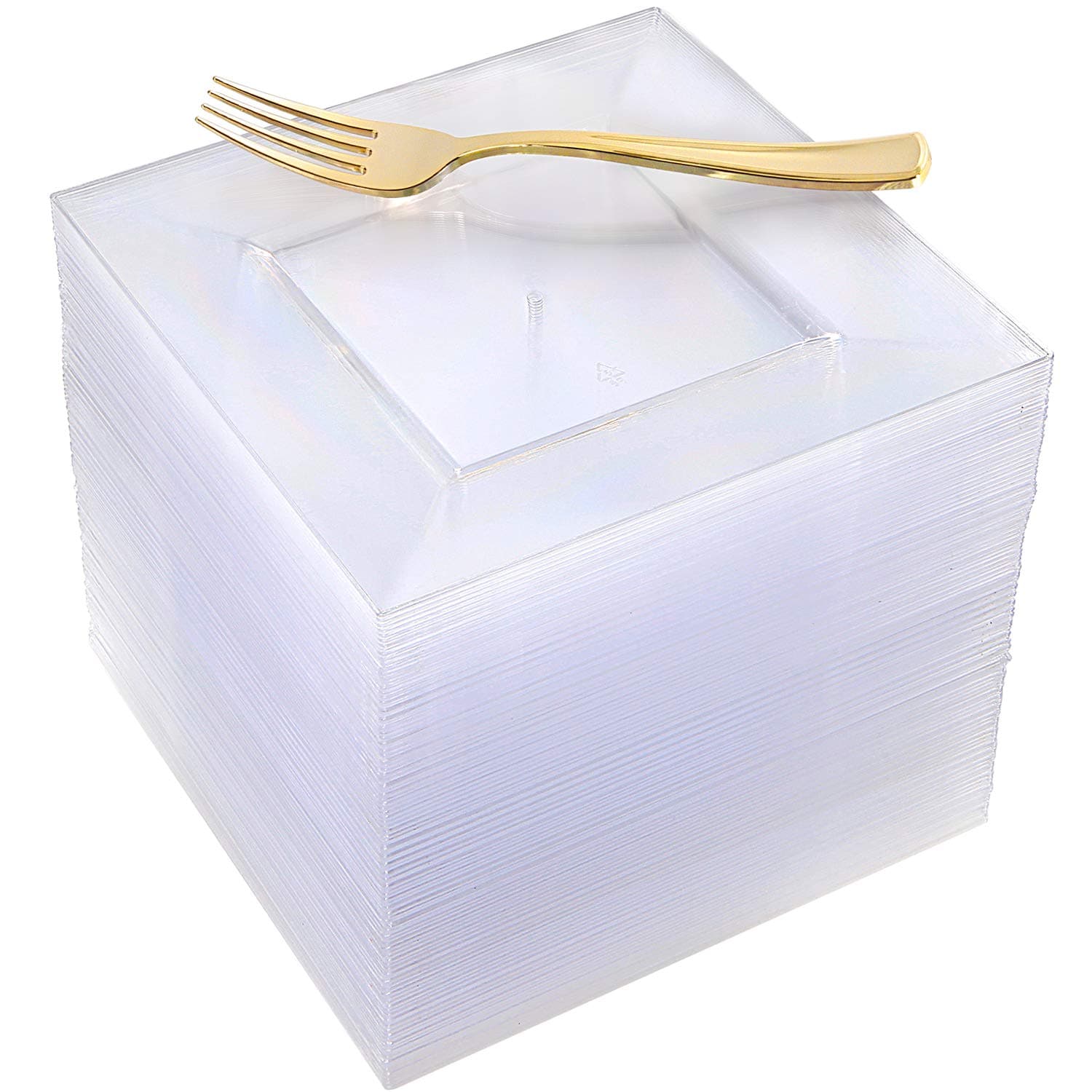 100pcs Clear Square Dessert Plates，100pcs Plastic Gold Forks, Clear Plastic Salad Plates, Reusable, Adorable Appetizer Plates, Gold Plastic Silverware, 7" Clear Plates and 7,4" Gold Forks, Supernal