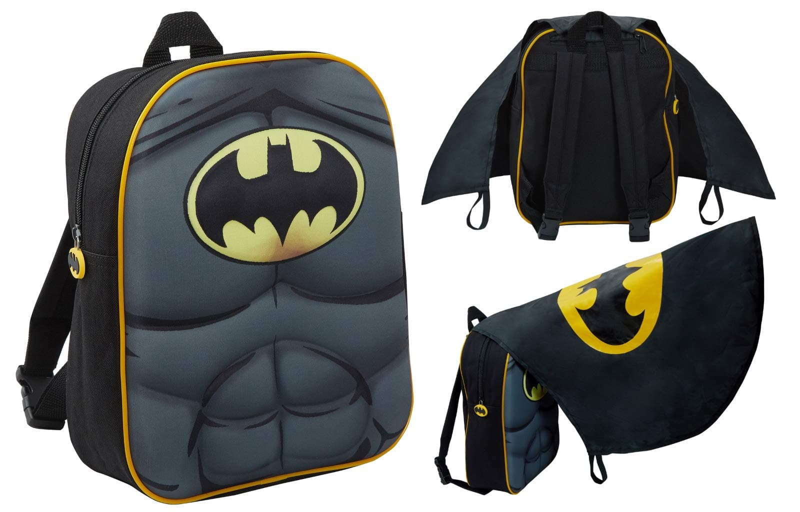 Boys Batman 3D Backpack with Foldable Cape Kids DC Comics Novelty Dress Up Rucksack Bag