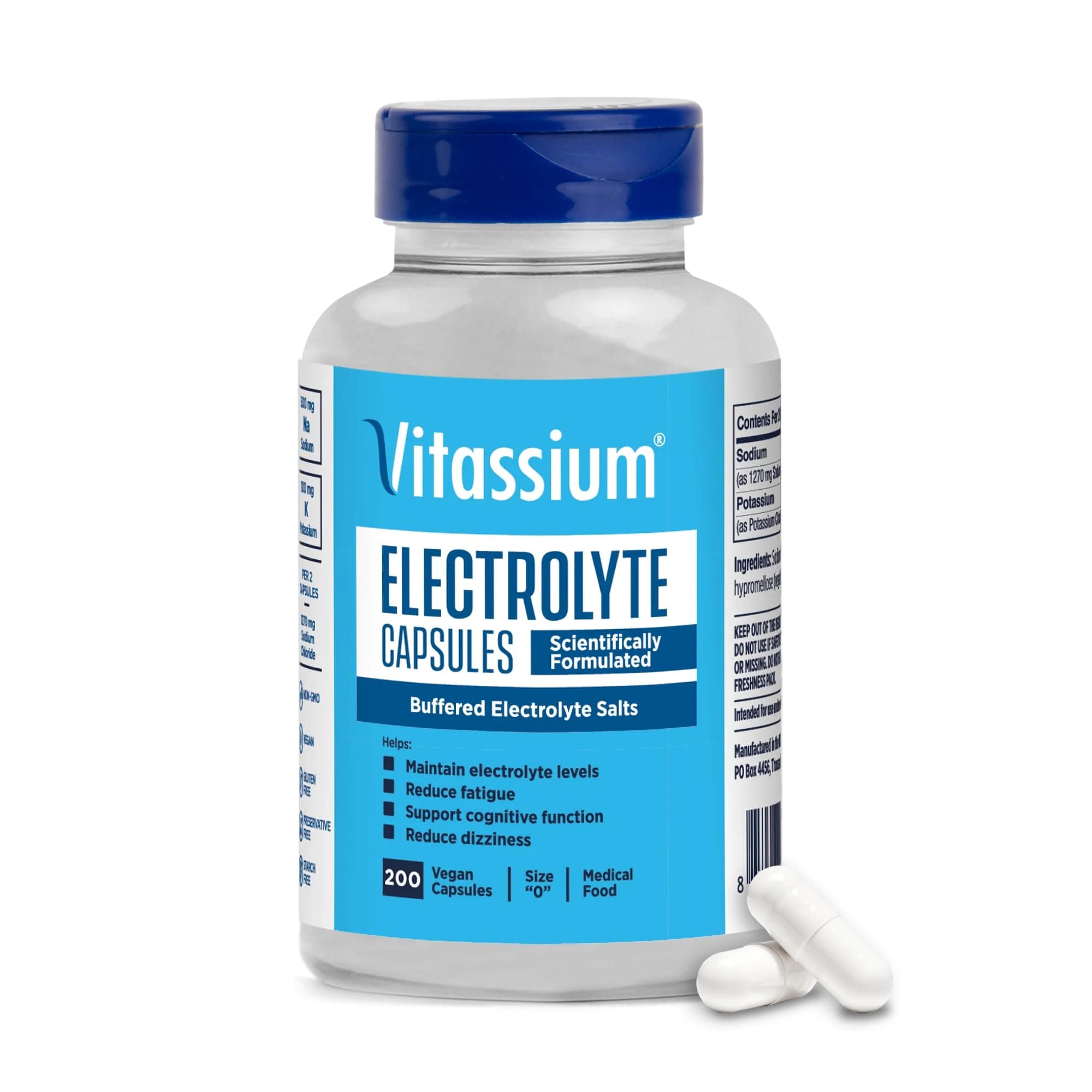 Electrolyte Capsules, Electrolytes for The Management of POTS and High Sodium Diets (500mg Sodium - 100mg Potassium), Unflavored, 200 Salt Pills (Size 0)
