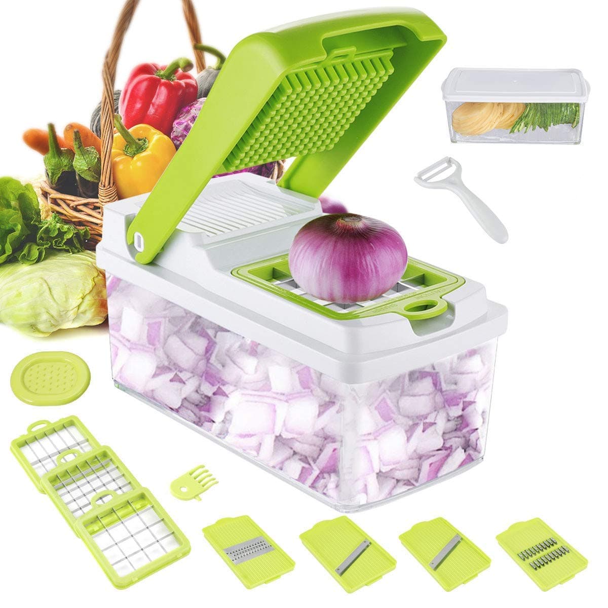 Godmorn Mandoline Slicer, Vegetable Veggie Chopper Dicer Cutter Grater, 7 Interchangeable Stainless Steel Blades, Preparing Vegetables Fruits Salad Low-Carb, Paleo Gluten-Free Diets, For Home/Camping