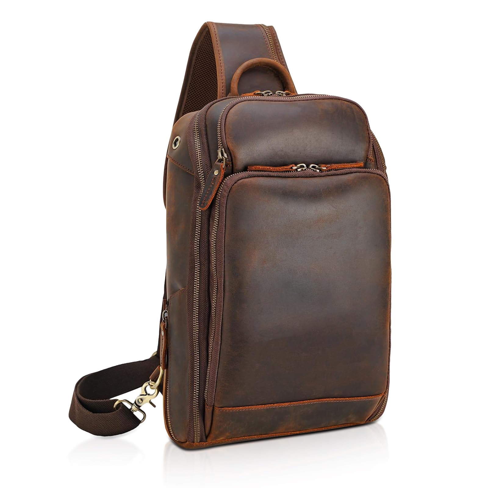 Polare Modern Style Sling Shoulder Bag Men’s Travel/Hiking Daypack with Full Grain Italian Leather and YKK Zippers