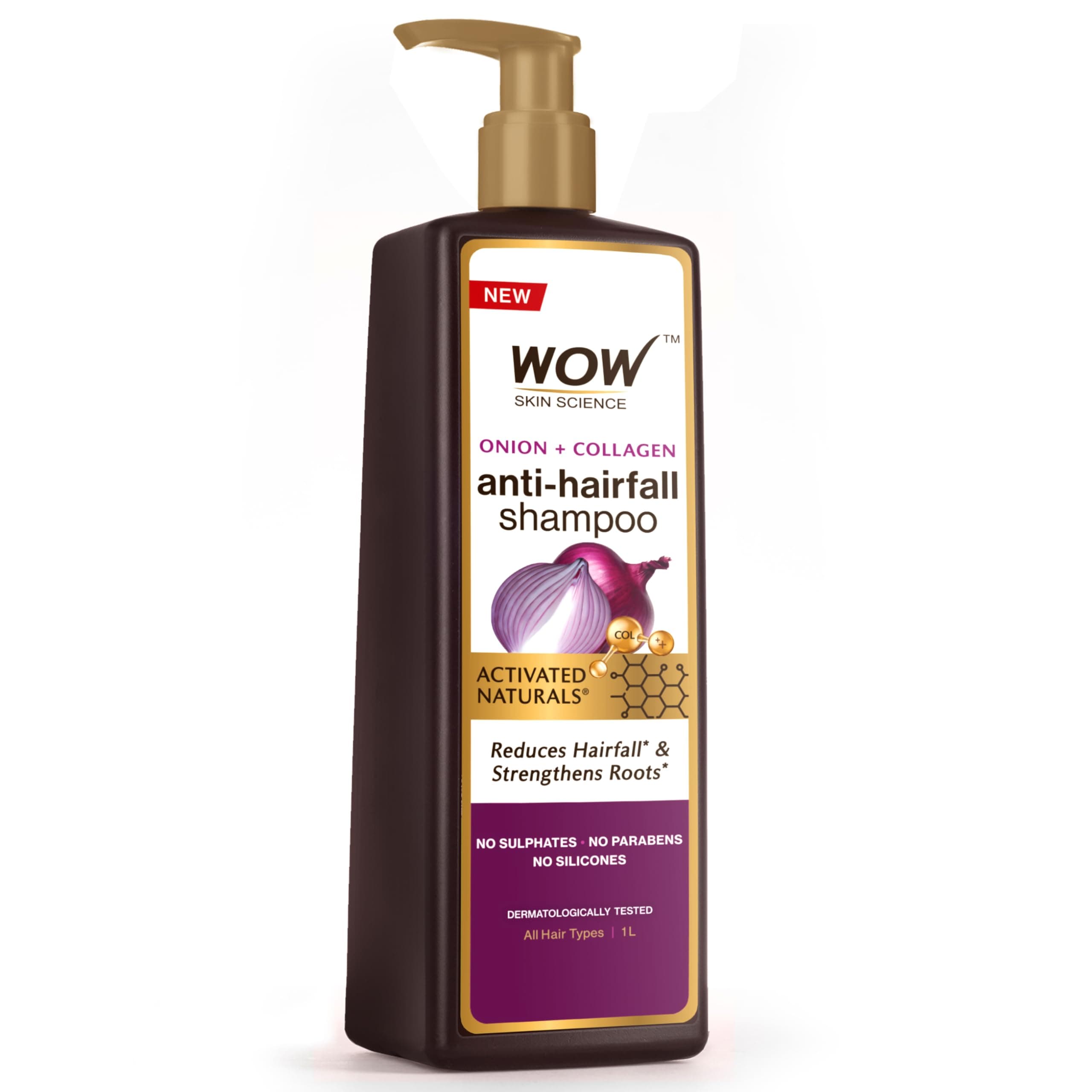 WOW Skin Science Onion Shampoo With Red Onion Seed Oil Extract, Black Seed Oil & Pro-Vitamin B5 - No Parabens, Sulphates, Silicones, Color & Peg - 1L