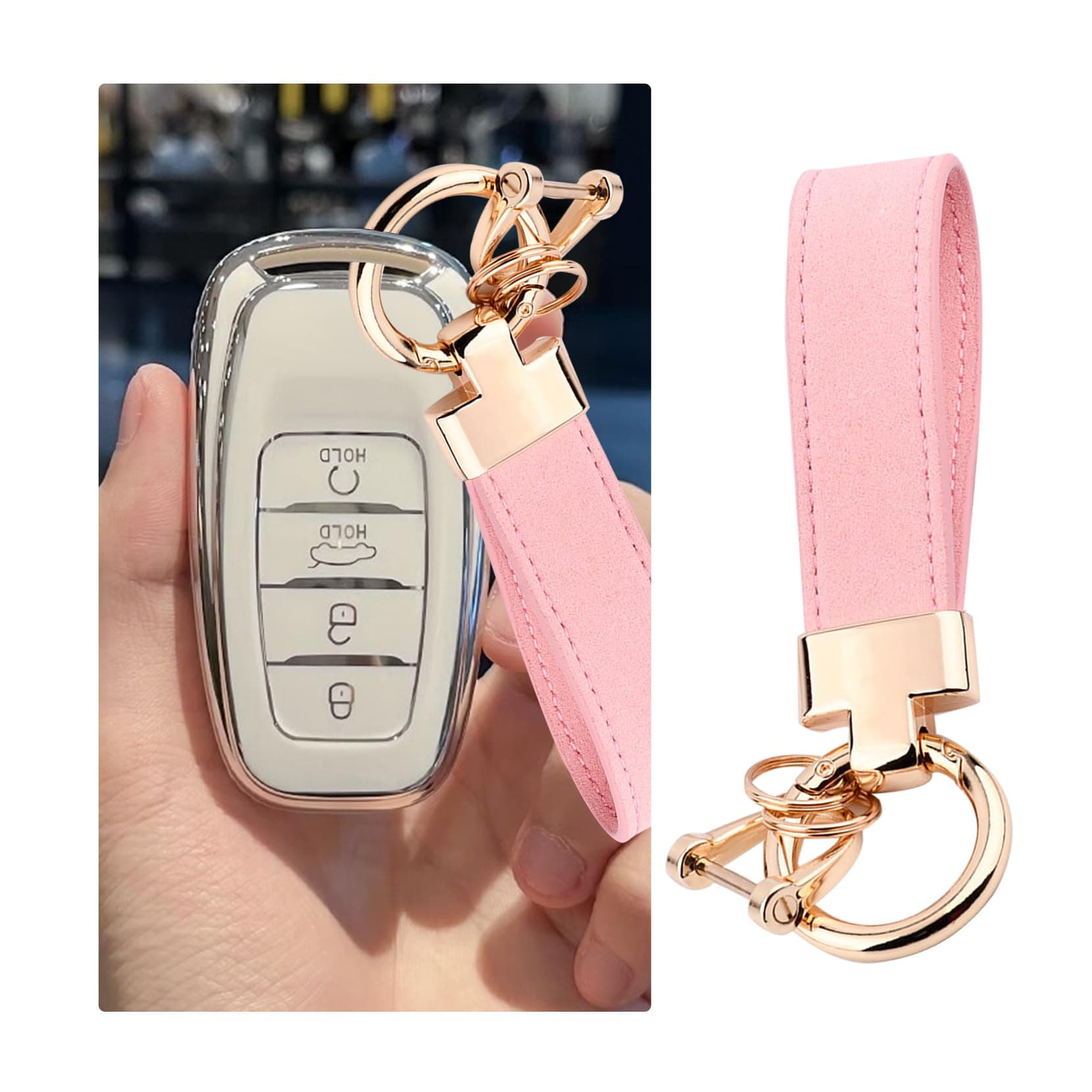1 PC Car Key Fob, Leather Suede Horseshoe Pendant, Unisex Car Key Fob Holder Decoration (Pink & Gold)