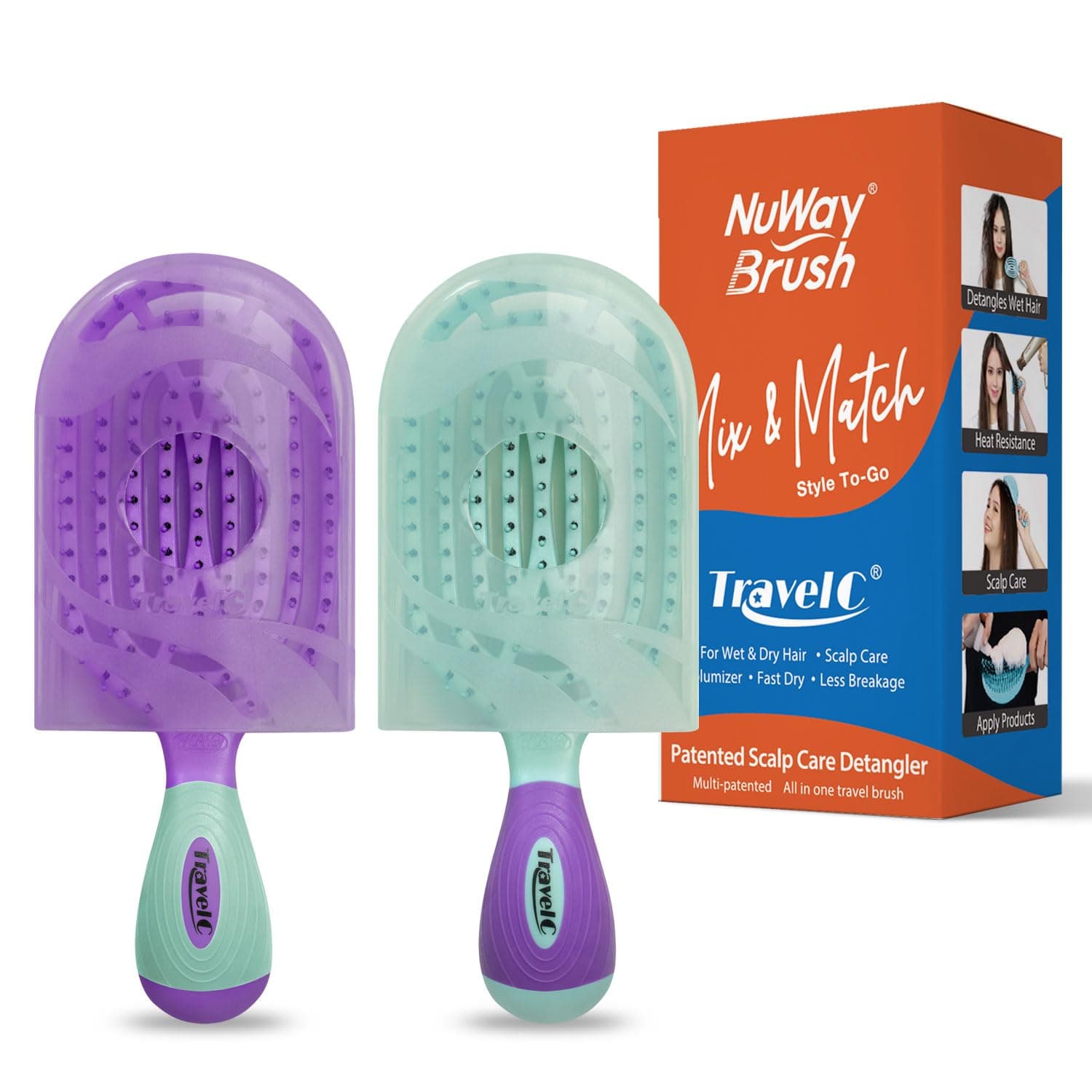 NuWay 4HAIR® US Patented Detangler Hair Brush for Men & Women - Purple & Teal | Hair Comb for Scalp Care - Quick Dry Breathable - TravelC Tangle Relief Brush for All Hair Types