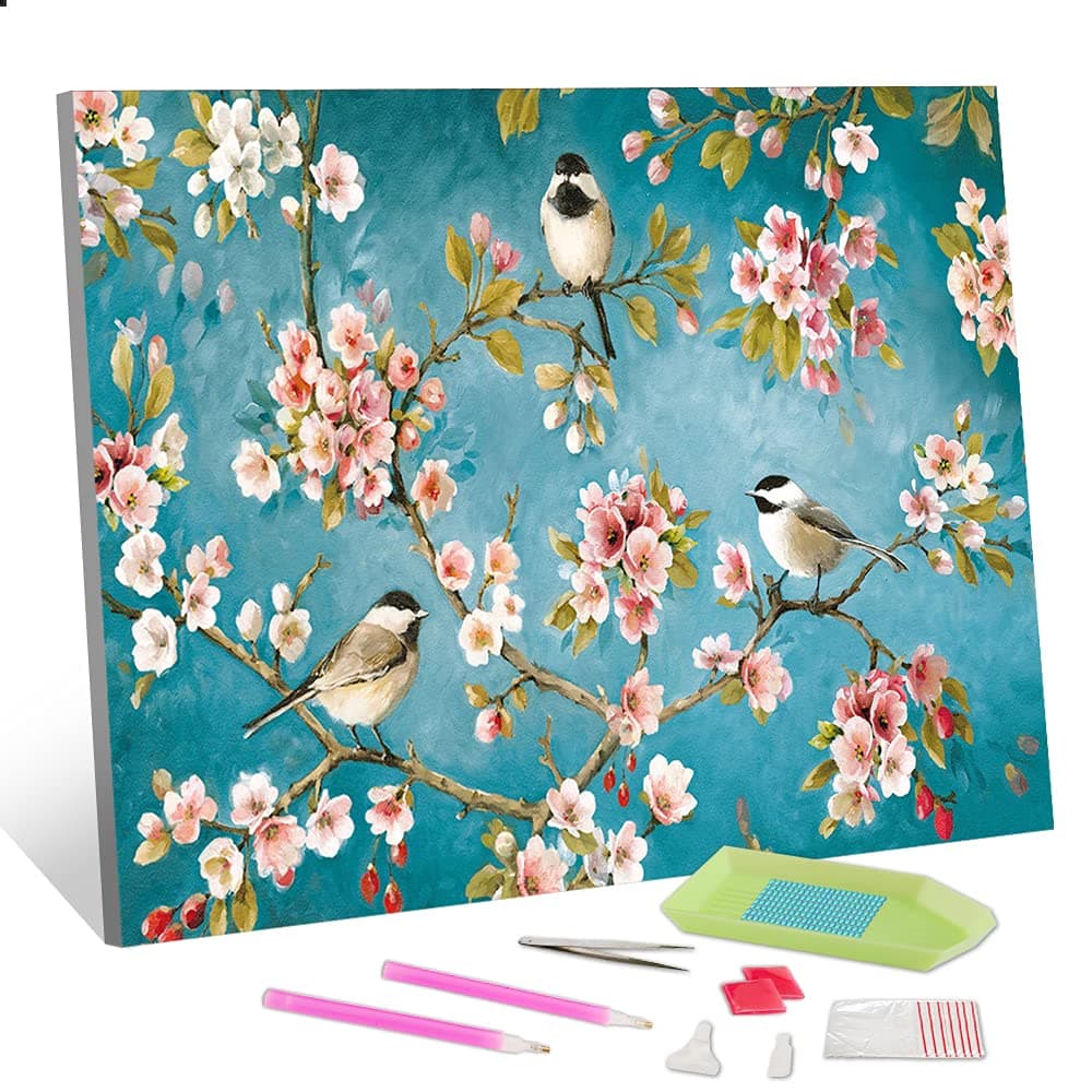 TISHIRON 5D Diamond Painting Kits for Adults Beginner Flower, Birds in The Branches Full Drill Round Crystal Rhinestone Diamond Painting Art for Home Wall Decor Unique Gift (12 x 16 inch)